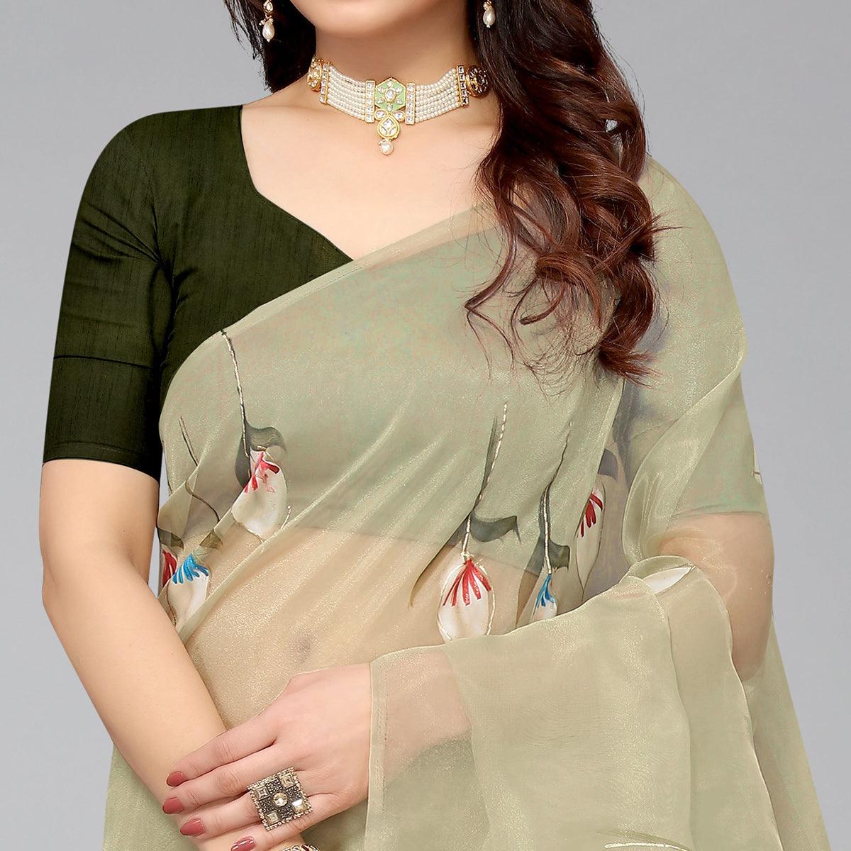 Mehendi Green Hand Printed Organza Saree - Peachmode