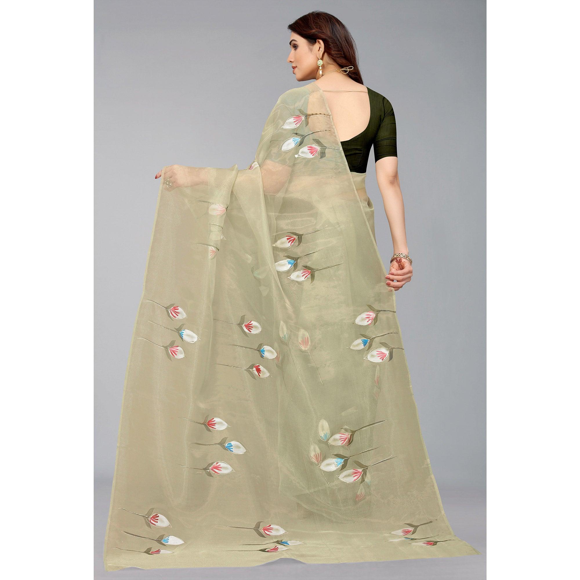 Mehendi Green Hand Printed Organza Saree - Peachmode