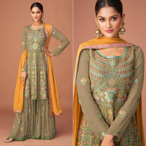 Mehendi Green Party Wear Embroidered Georgette Sharara Suit - Peachmode