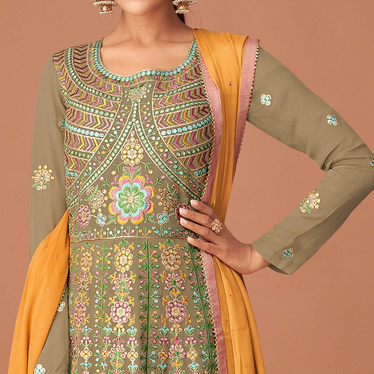 Mehendi Green Party Wear Embroidered Georgette Sharara Suit - Peachmode
