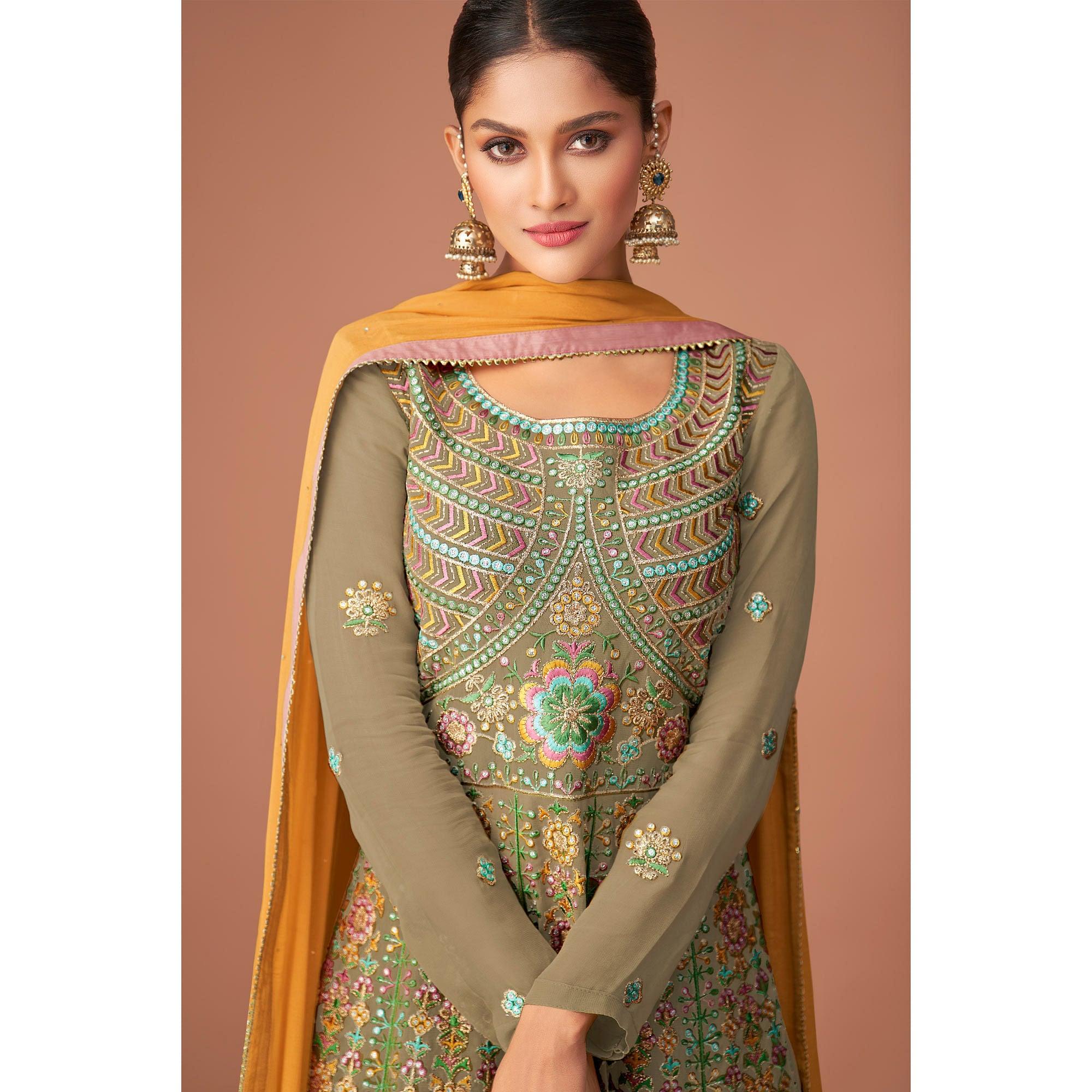 Mehendi Green Party Wear Embroidered Georgette Sharara Suit - Peachmode