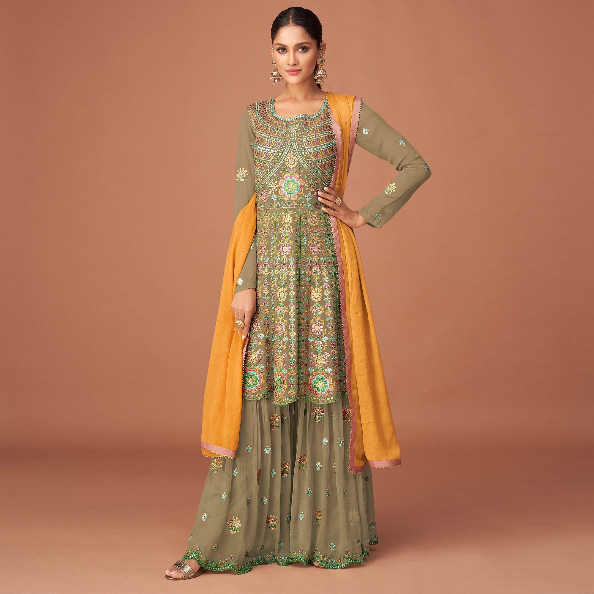 Mehendi Green Party Wear Embroidered Georgette Sharara Suit - Peachmode