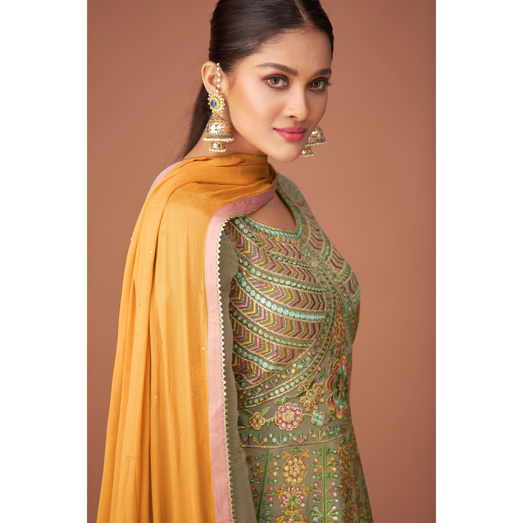 Mehendi Green Party Wear Embroidered Georgette Sharara Suit - Peachmode