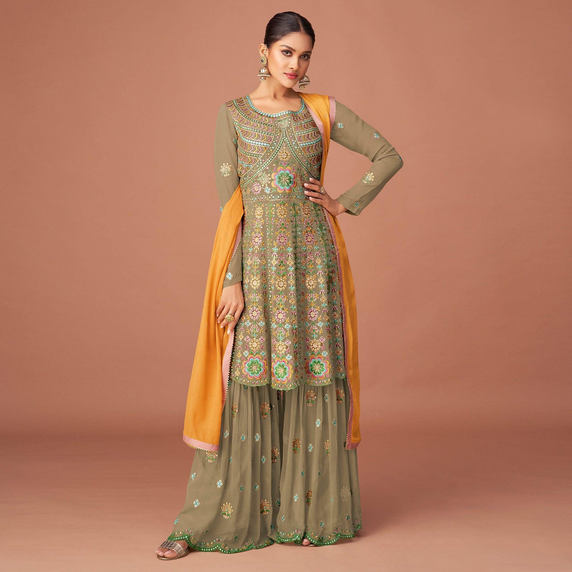 Mehendi Green Party Wear Embroidered Georgette Sharara Suit - Peachmode