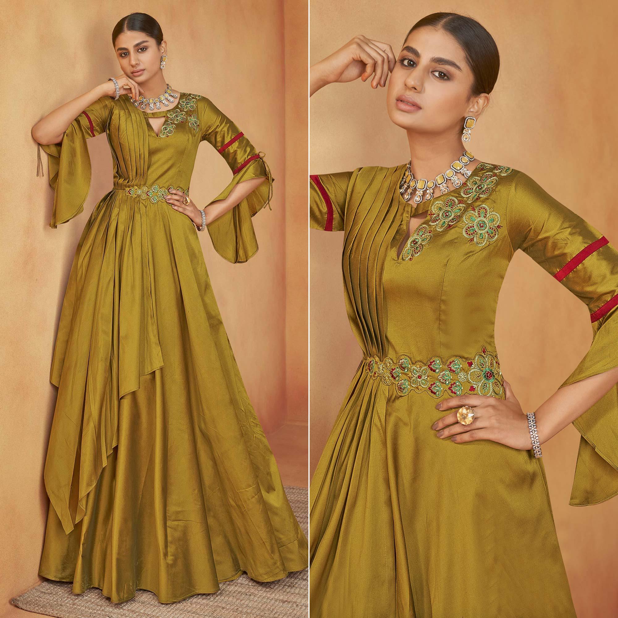 Mehendi Green Party Wear Embroidered Tapetta Gown - Peachmode