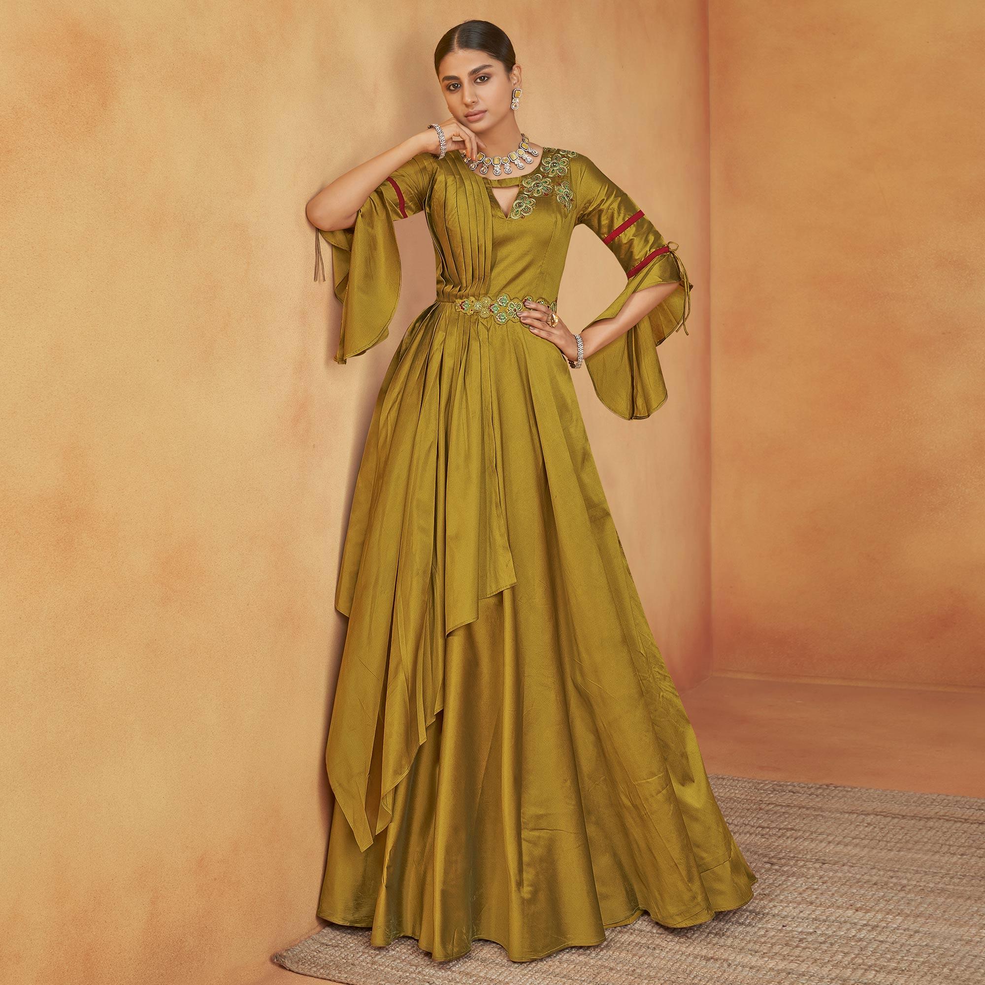 Mehendi Green Party Wear Embroidered Tapetta Gown - Peachmode