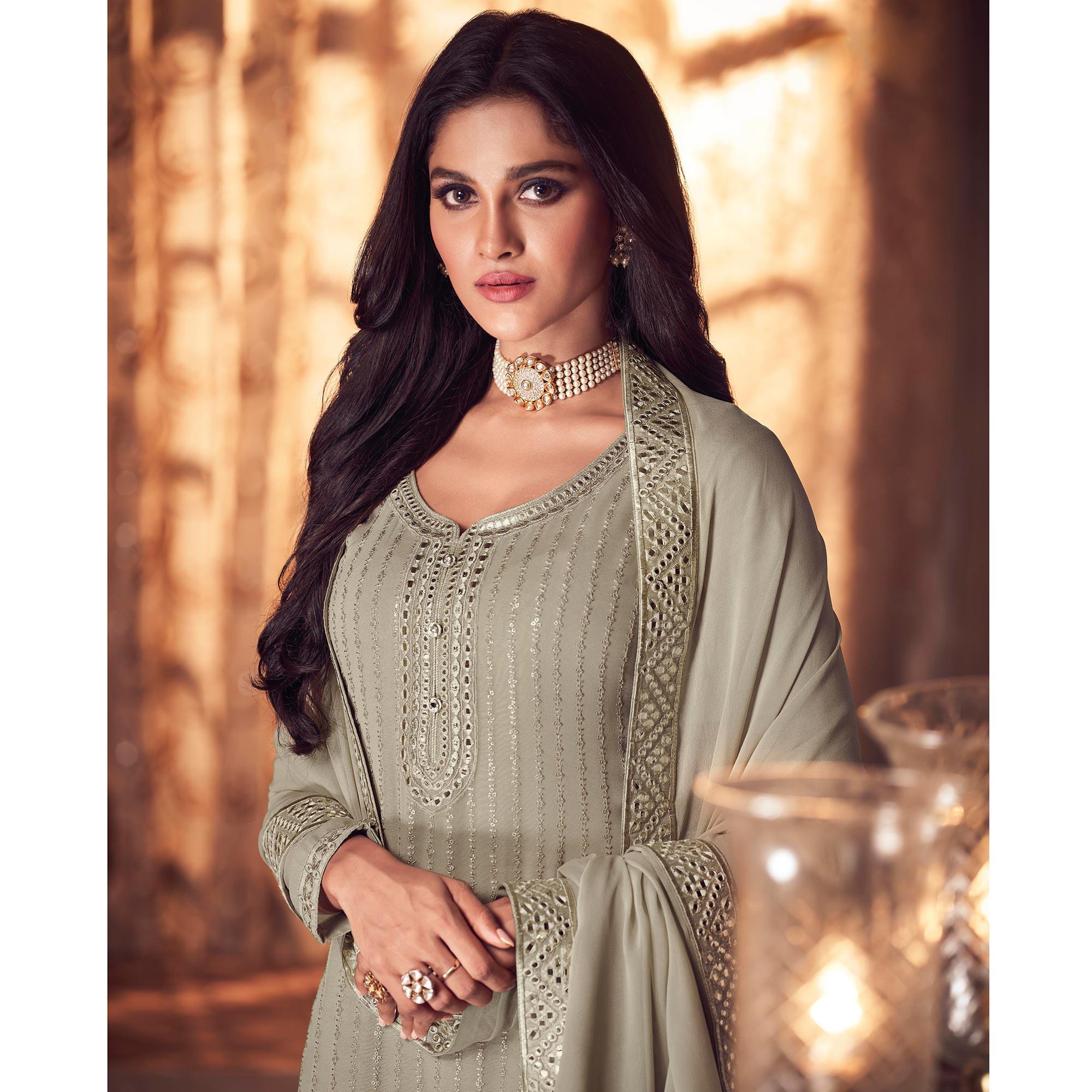 Mehendi Green Partywear Embroidered Real Georgette Top Skirt Set - Peachmode