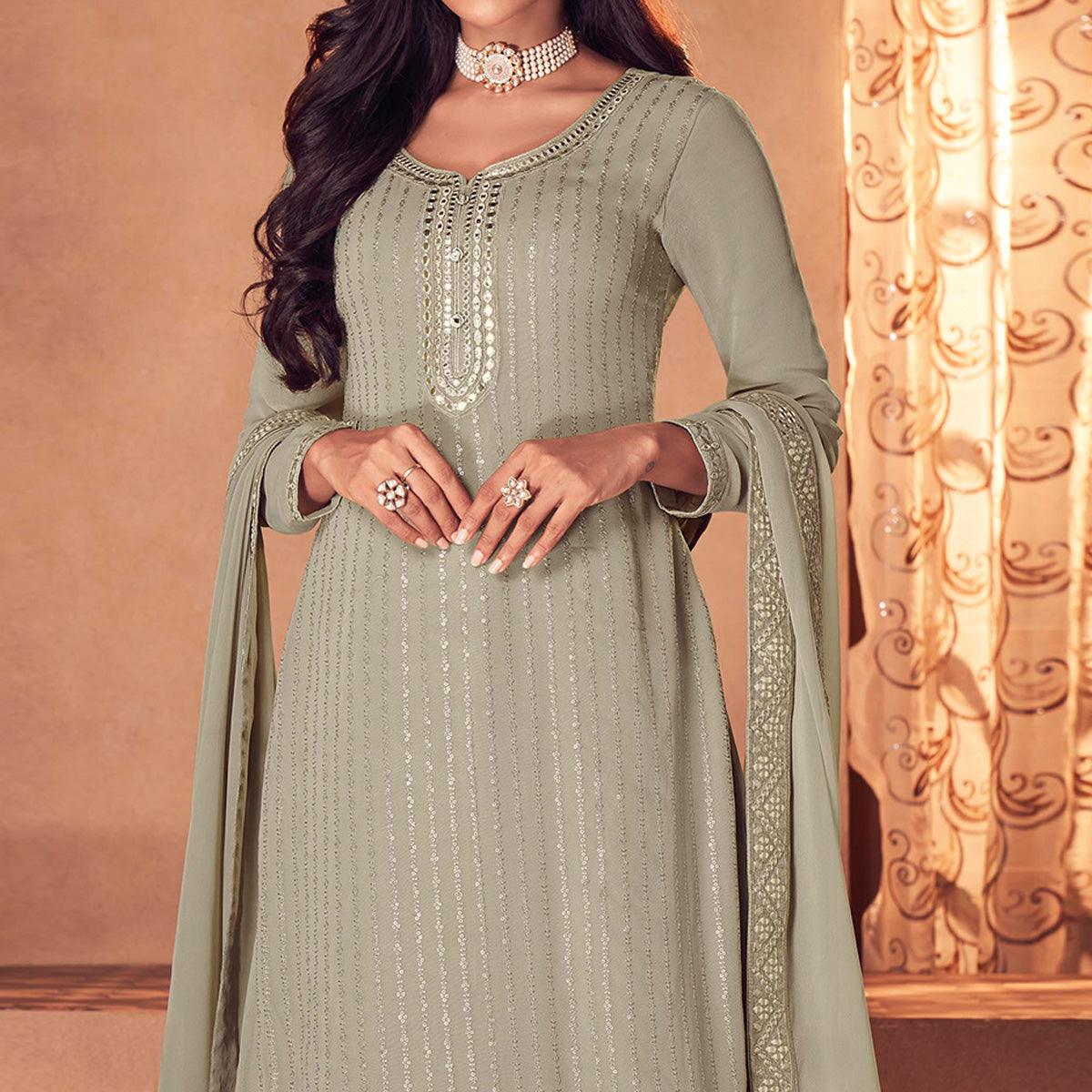 Mehendi Green Partywear Embroidered Real Georgette Top Skirt Set - Peachmode
