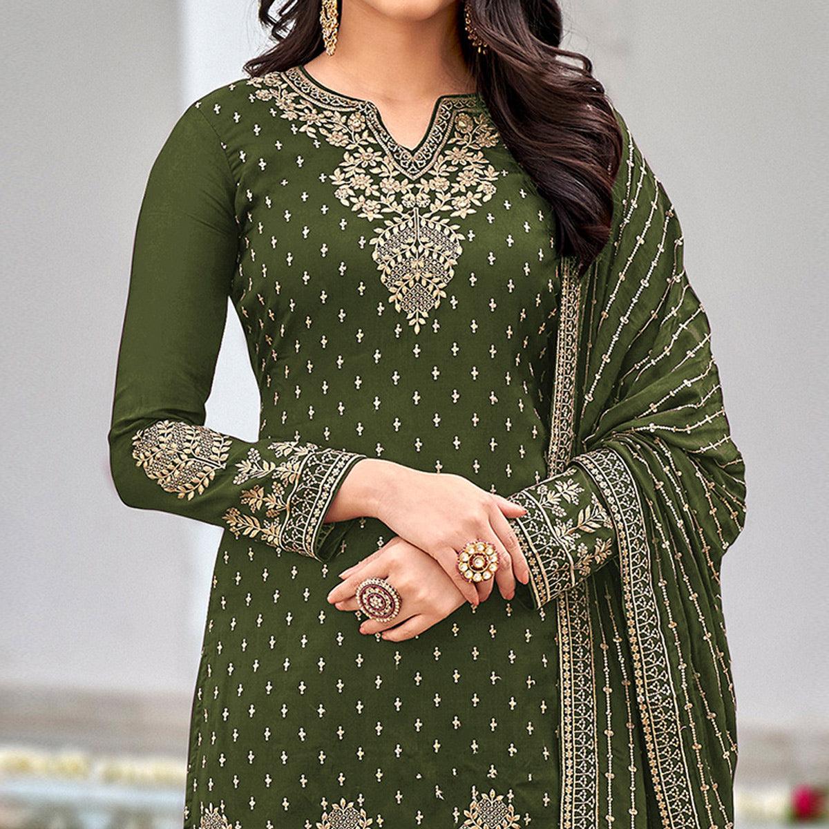 Mehendi Green Partywear Embroidery With Sequence Heavy Faux Georgette Salwar Suit - Peachmode