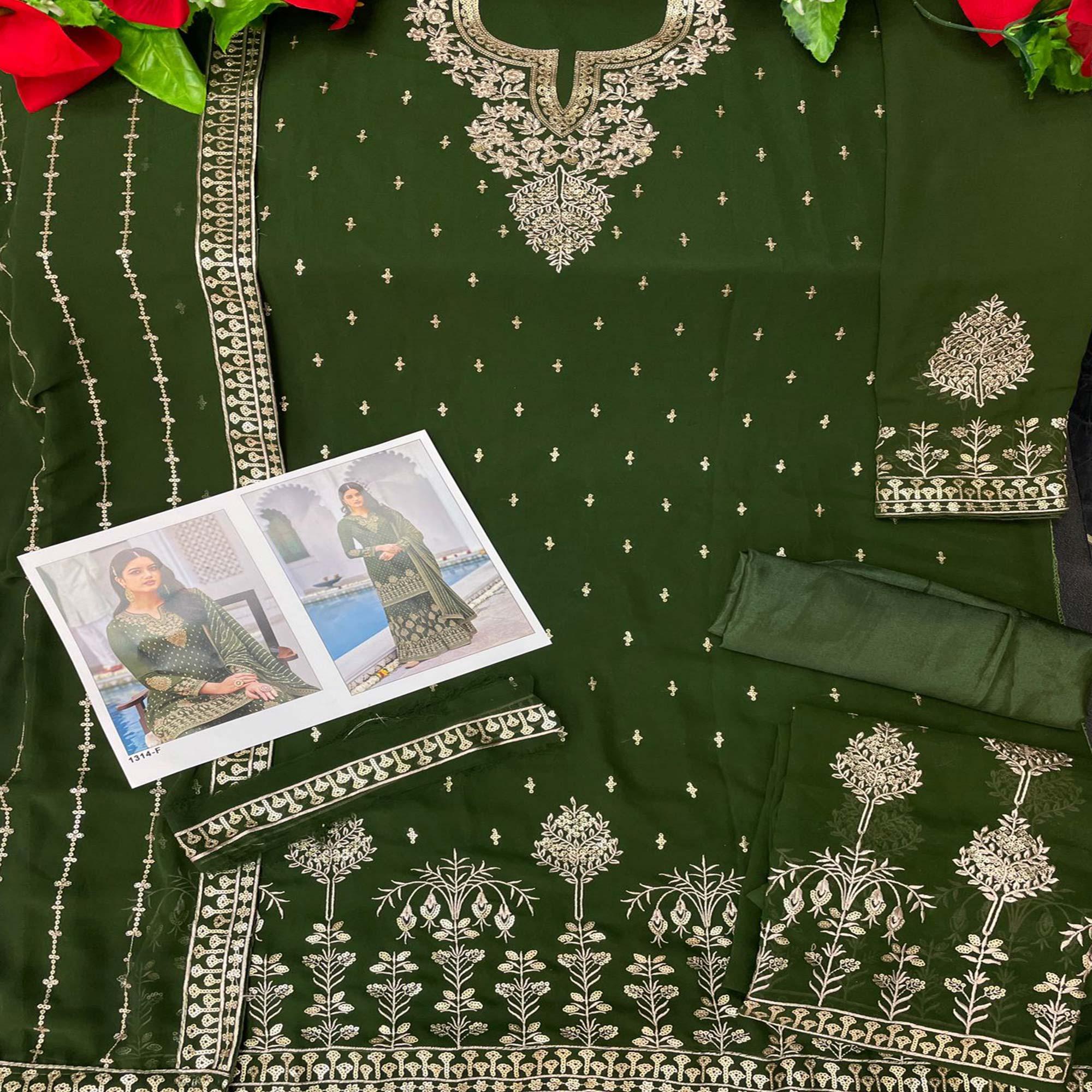 Mehendi Green Partywear Embroidery With Sequence Heavy Faux Georgette Salwar Suit - Peachmode