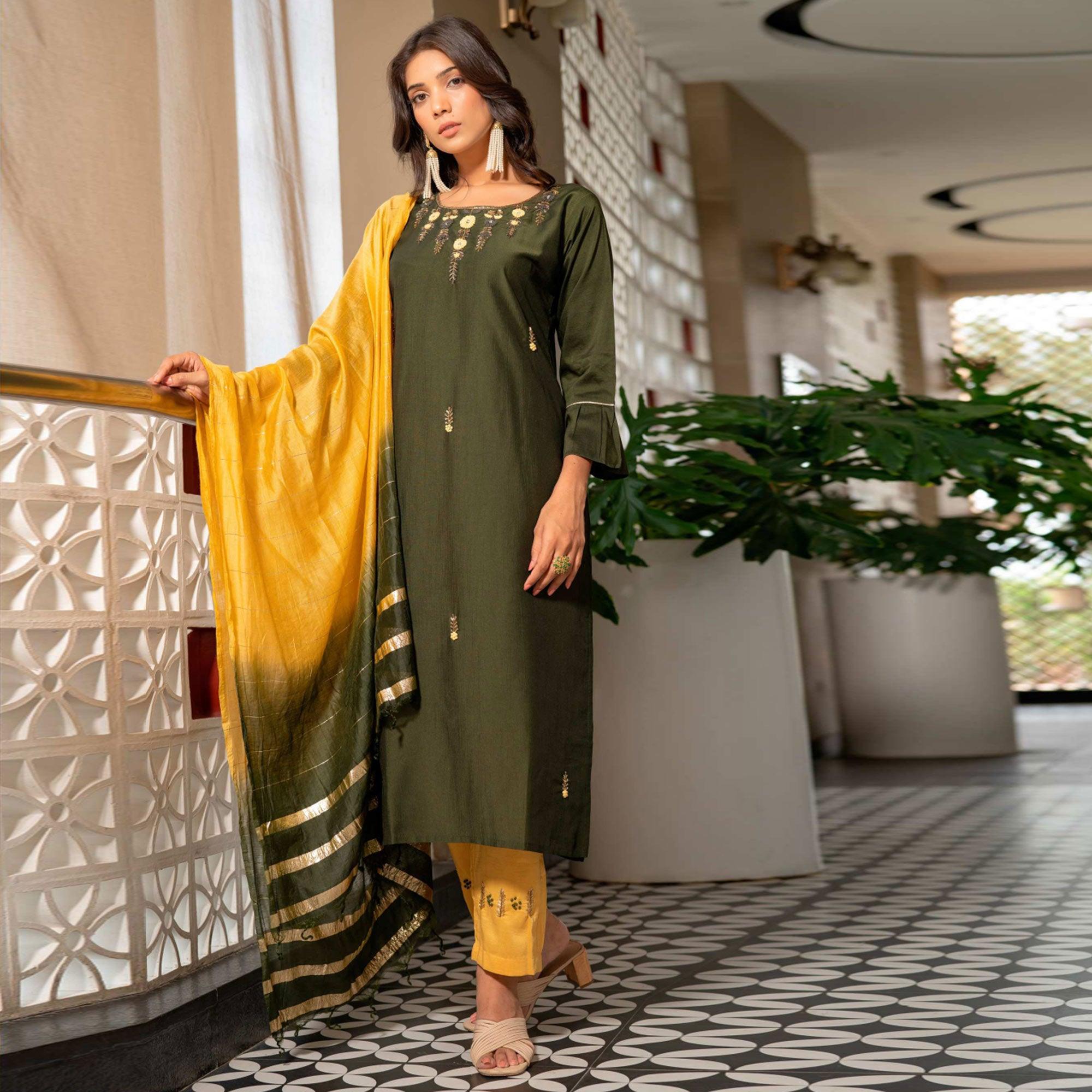 Mehendi Green Partywear Floral Embroidered Georgette Suit - Peachmode
