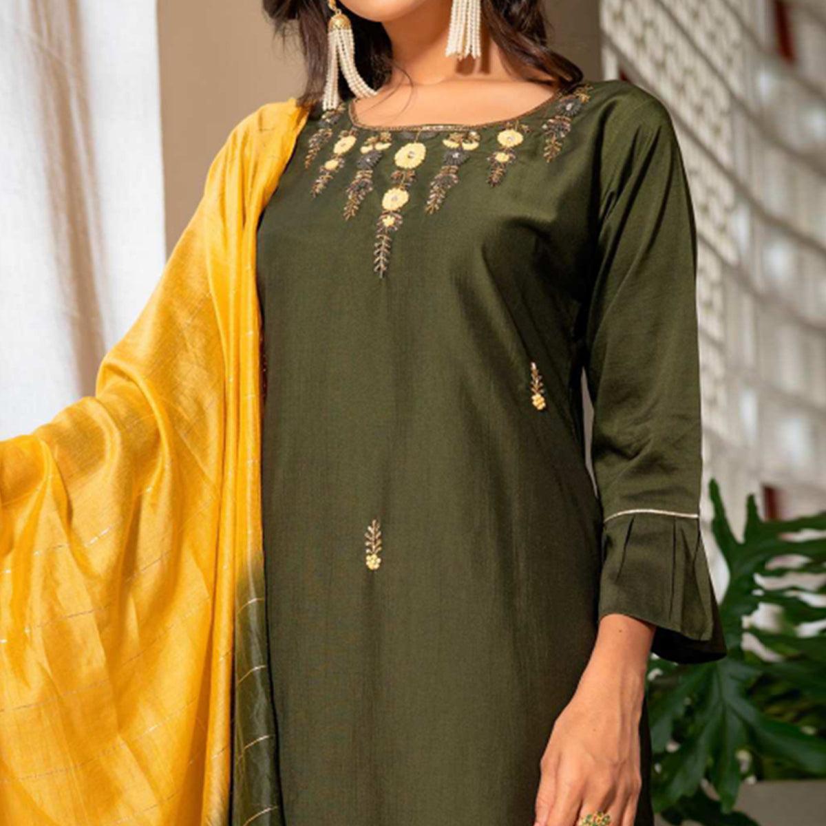Mehendi Green Partywear Floral Embroidered Georgette Suit - Peachmode