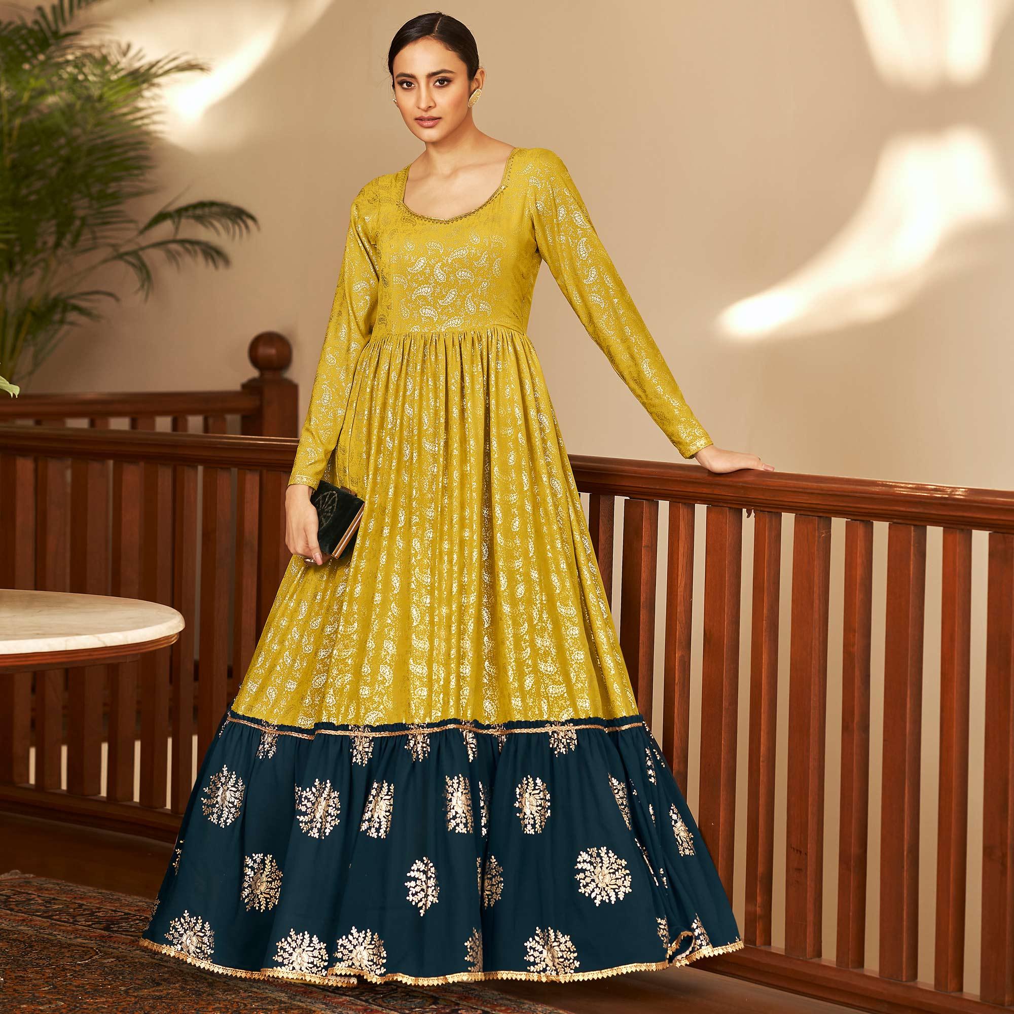 Mehendi Green Partywear Metallic Foil Work Georgette Gown - Peachmode