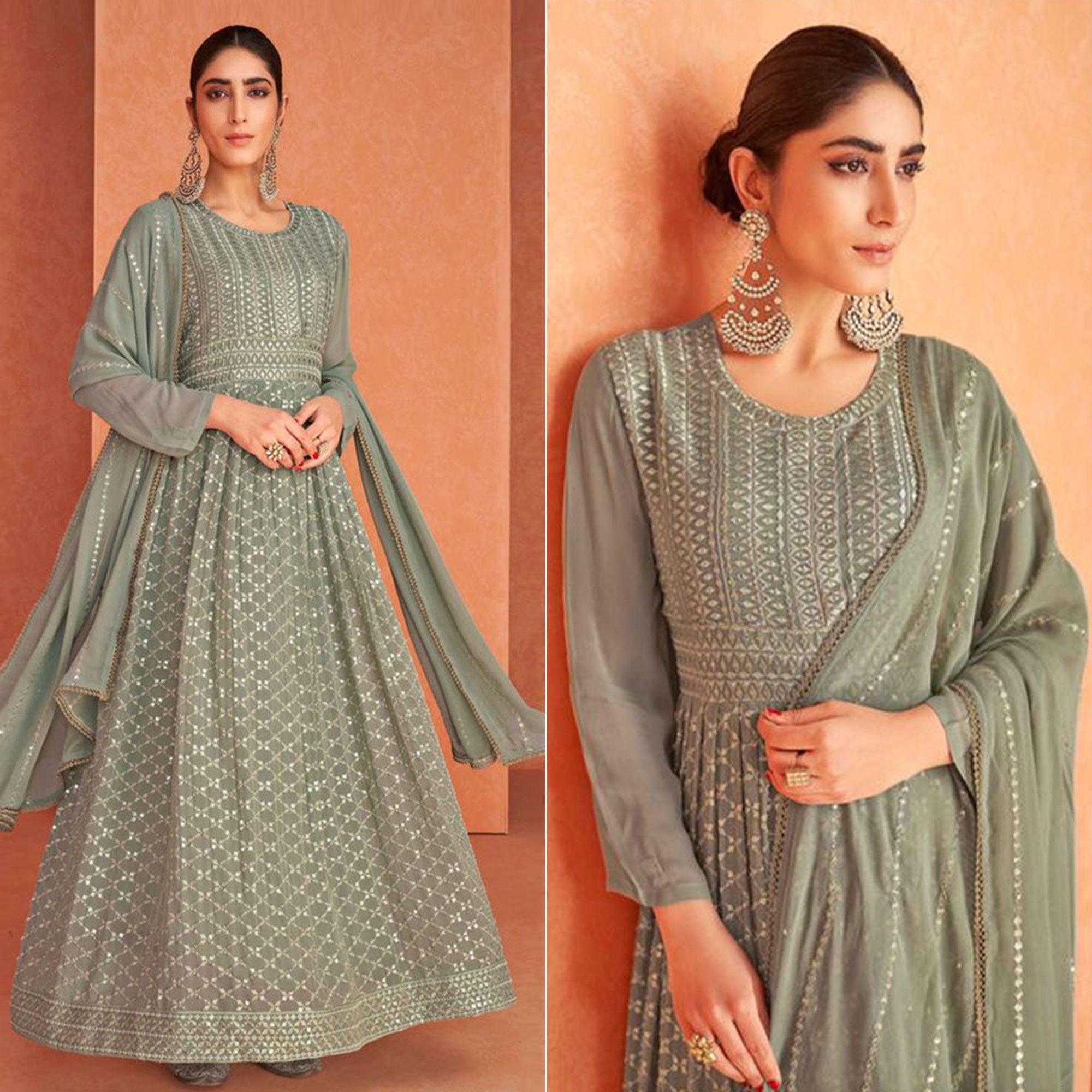 Mehendi Green Partywear Sequence Embroidered Georgette Anarkali Suit - Peachmode