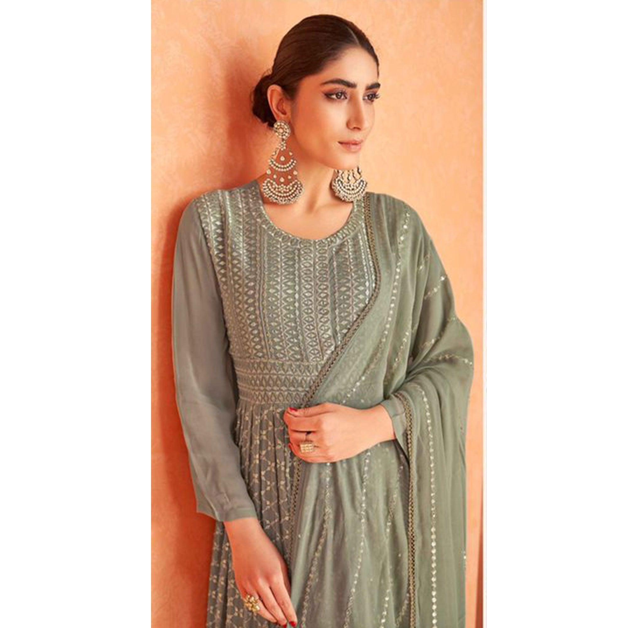 Mehendi Green Partywear Sequence Embroidered Georgette Anarkali Suit - Peachmode