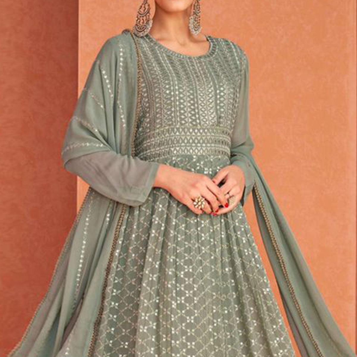 Mehendi Green Partywear Sequence Embroidered Georgette Anarkali Suit - Peachmode
