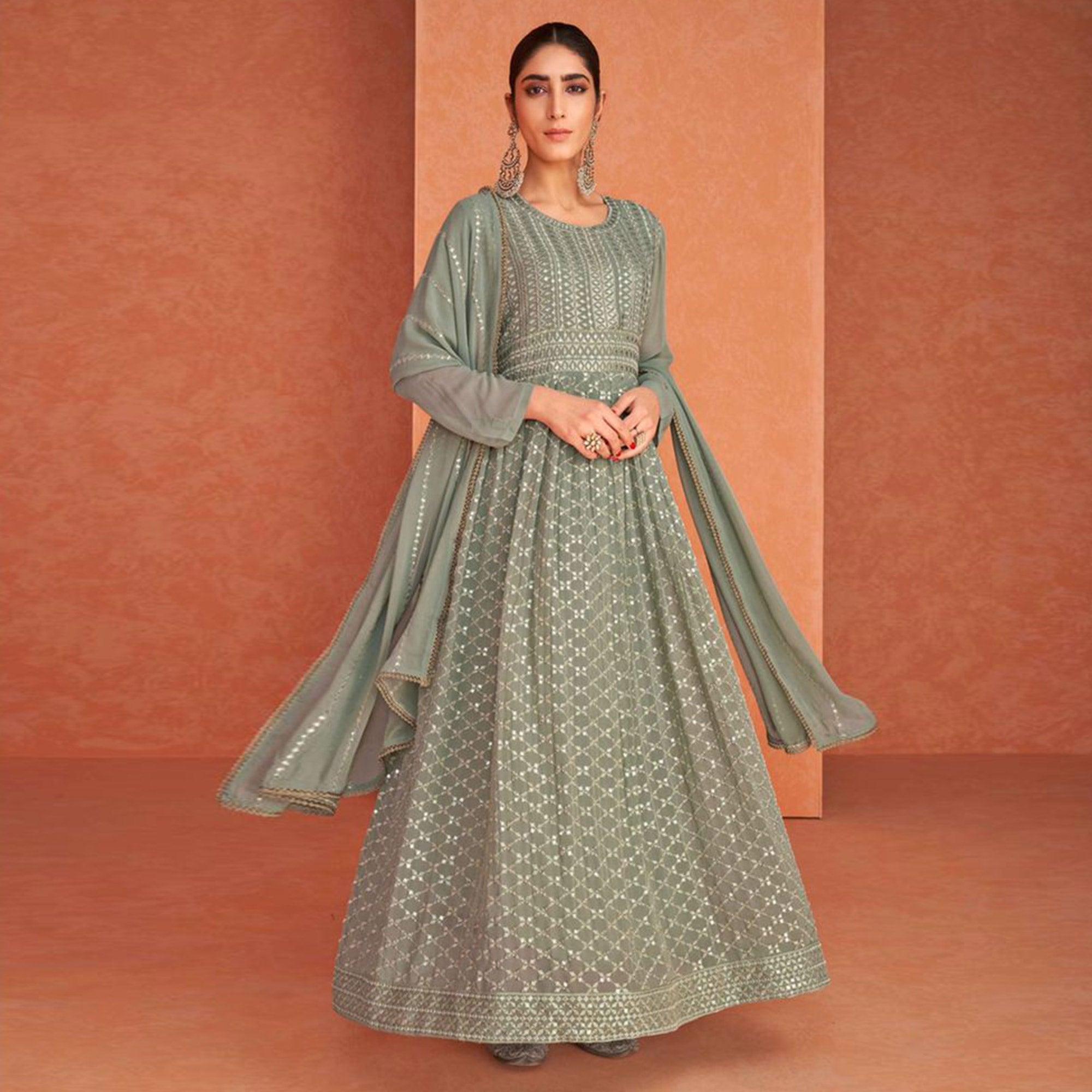 Mehendi Green Partywear Sequence Embroidered Georgette Anarkali Suit - Peachmode