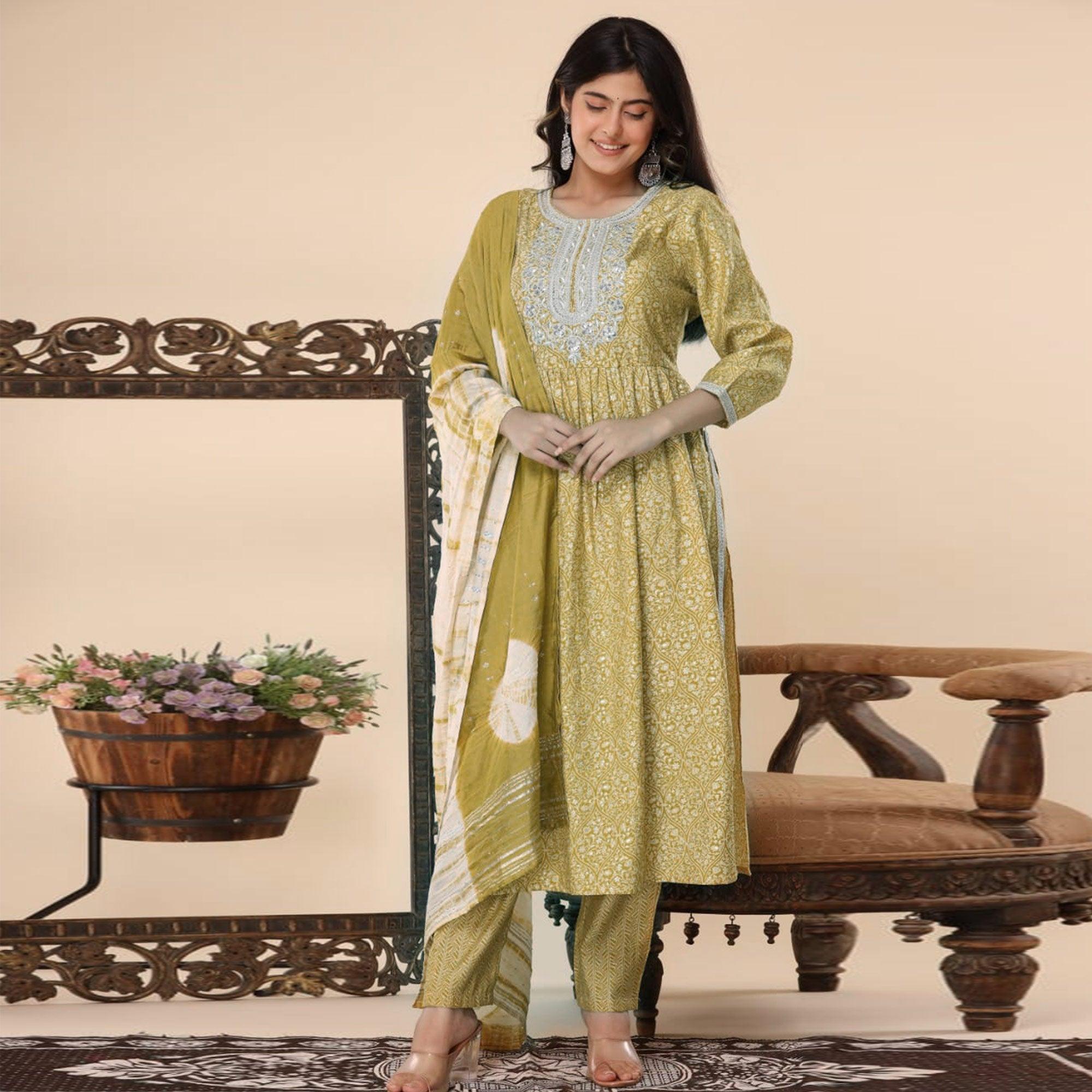 Mehendi Green Printed-Embroidered Muslin Kurti Pant Set With Dupatta - Peachmode