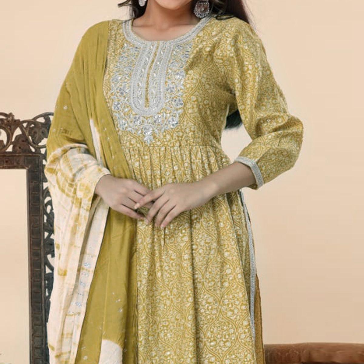 Mehendi Green Printed-Embroidered Muslin Kurti Pant Set With Dupatta - Peachmode