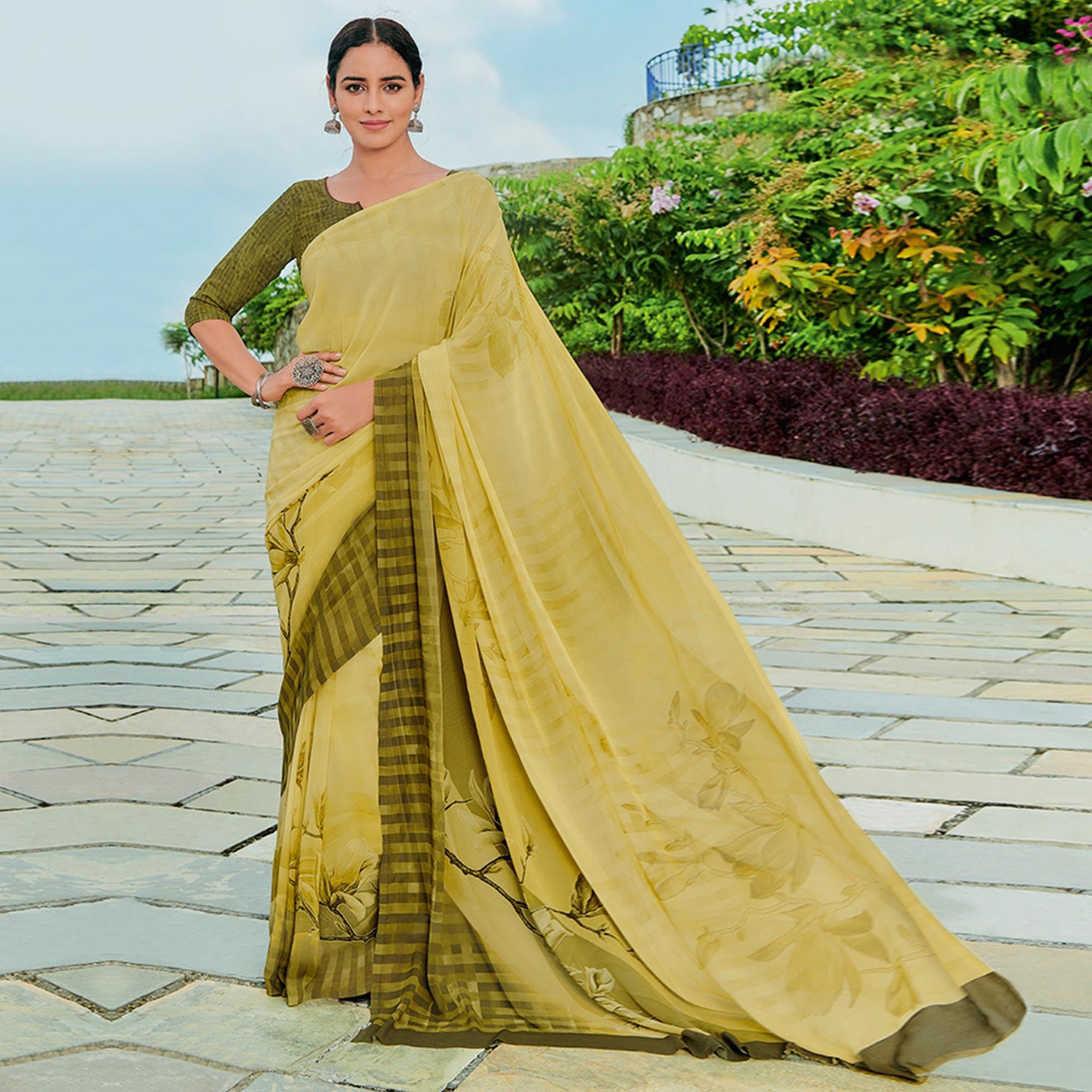 Mehendi Green Printed Georgette Saree - Peachmode