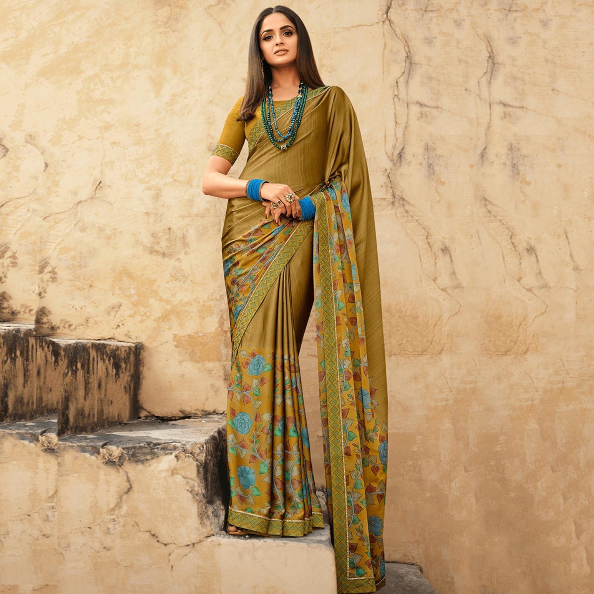 Mehendi Green Printed Georgette Saree - Peachmode
