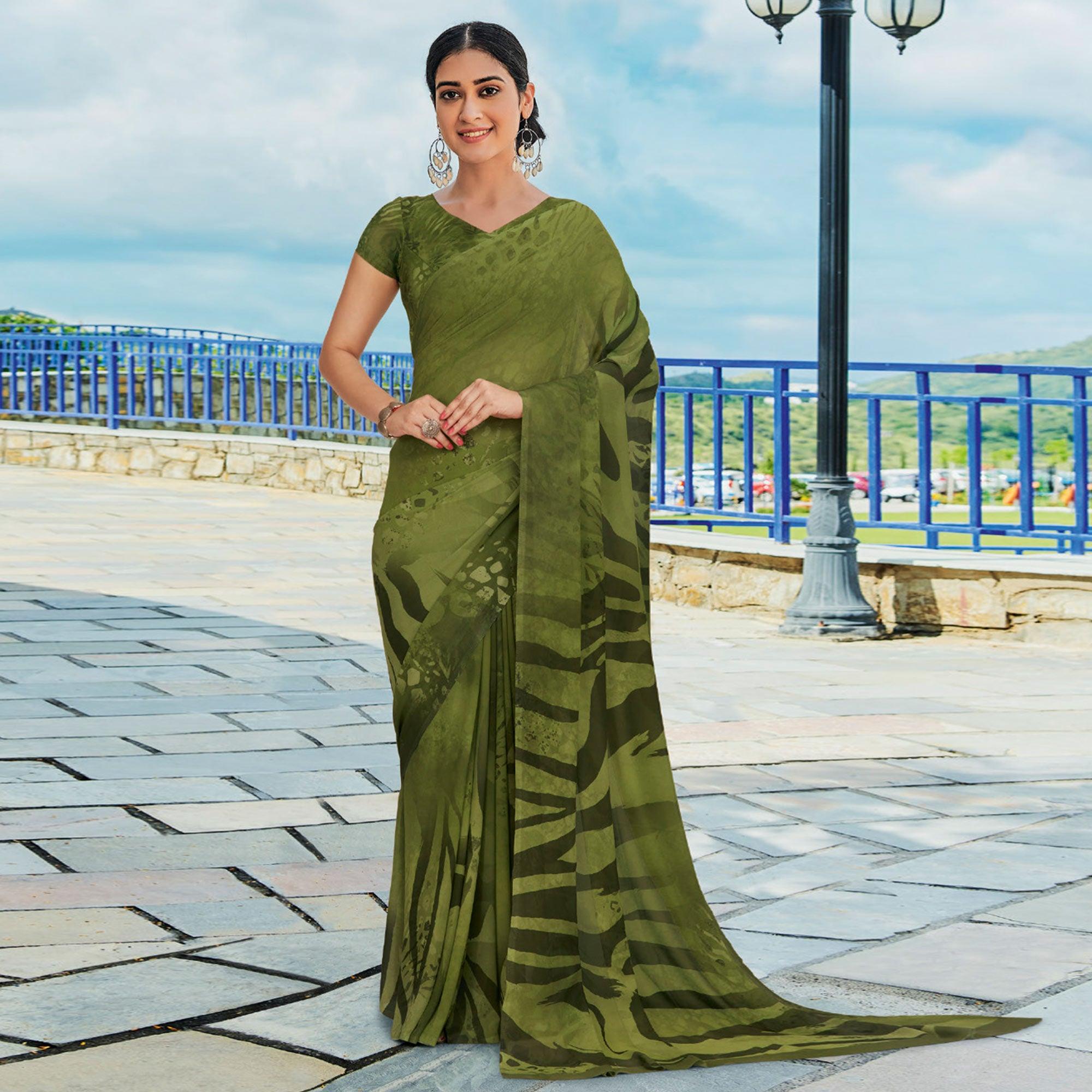 Mehendi Green Printed Georgette Saree - Peachmode