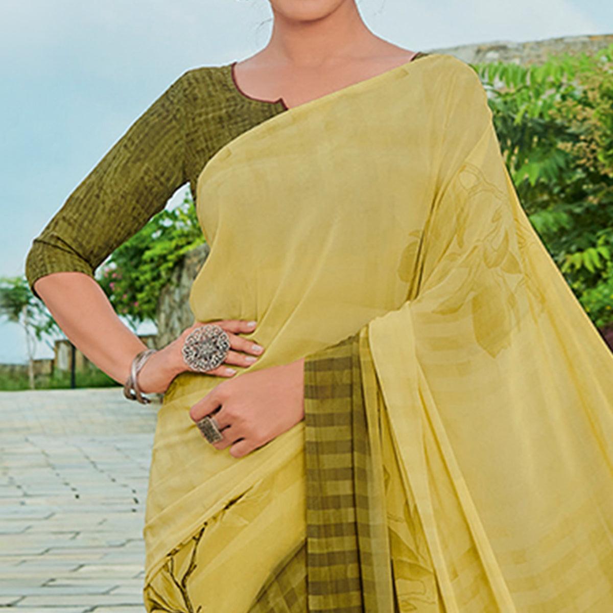Mehendi Green Printed Georgette Saree - Peachmode