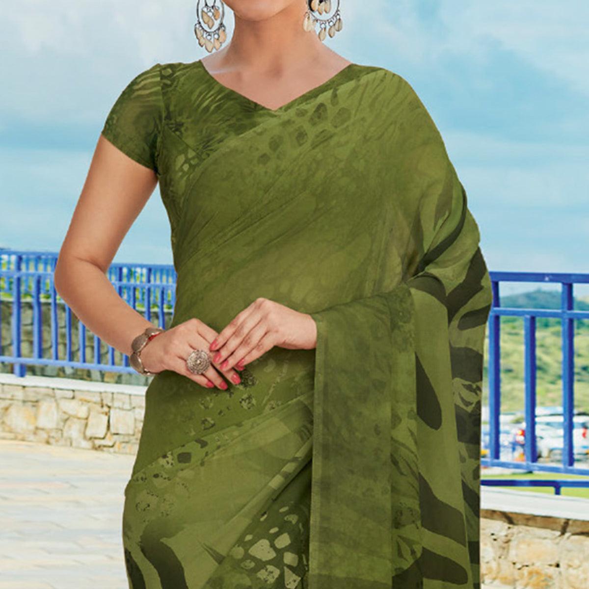 Mehendi Green Printed Georgette Saree - Peachmode