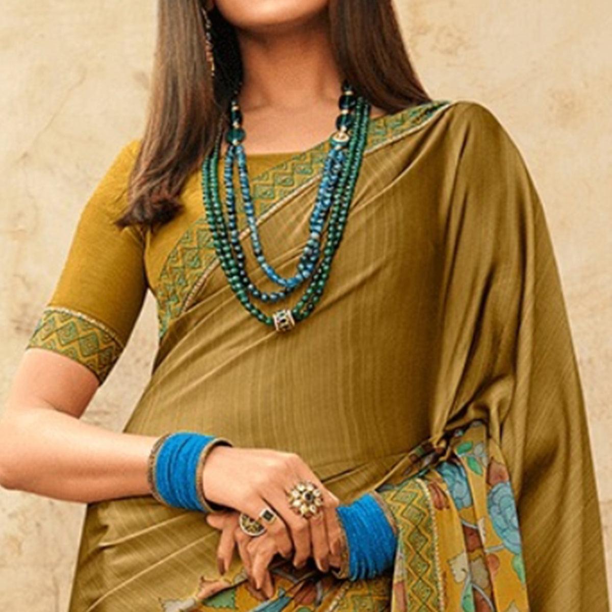 Mehendi Green Printed Georgette Saree - Peachmode