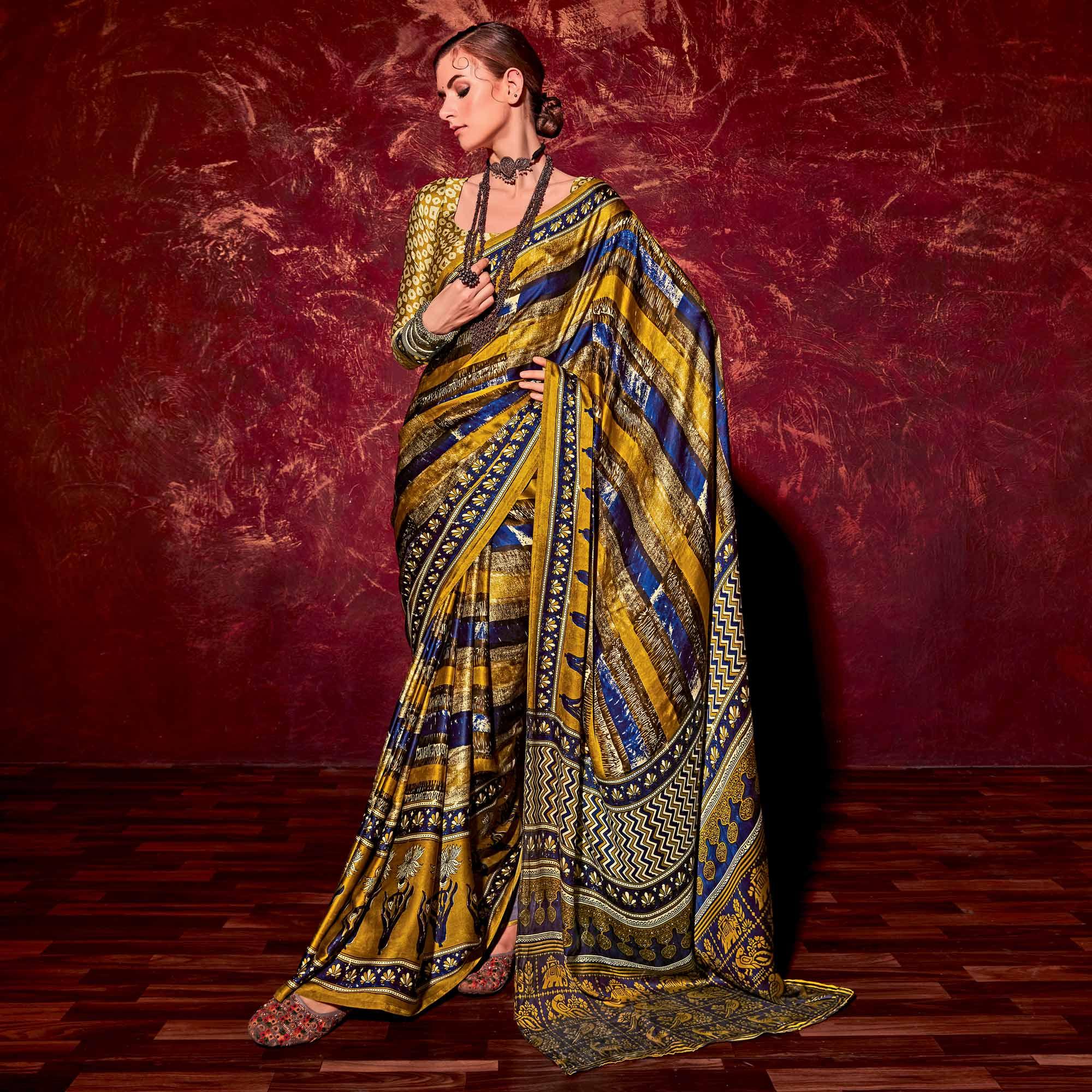 Mehendi Green Printed Satin Saree - Peachmode