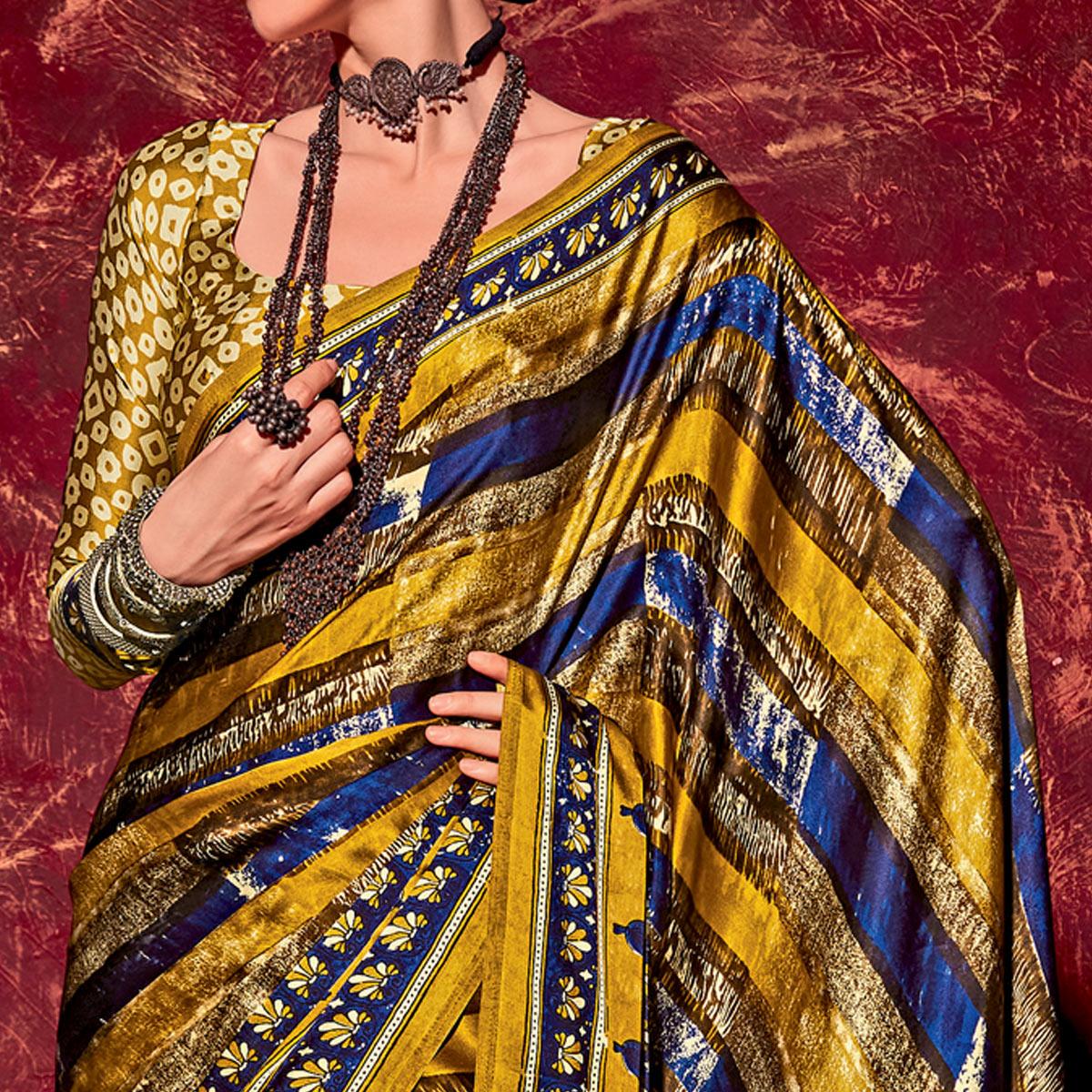 Mehendi Green Printed Satin Saree - Peachmode