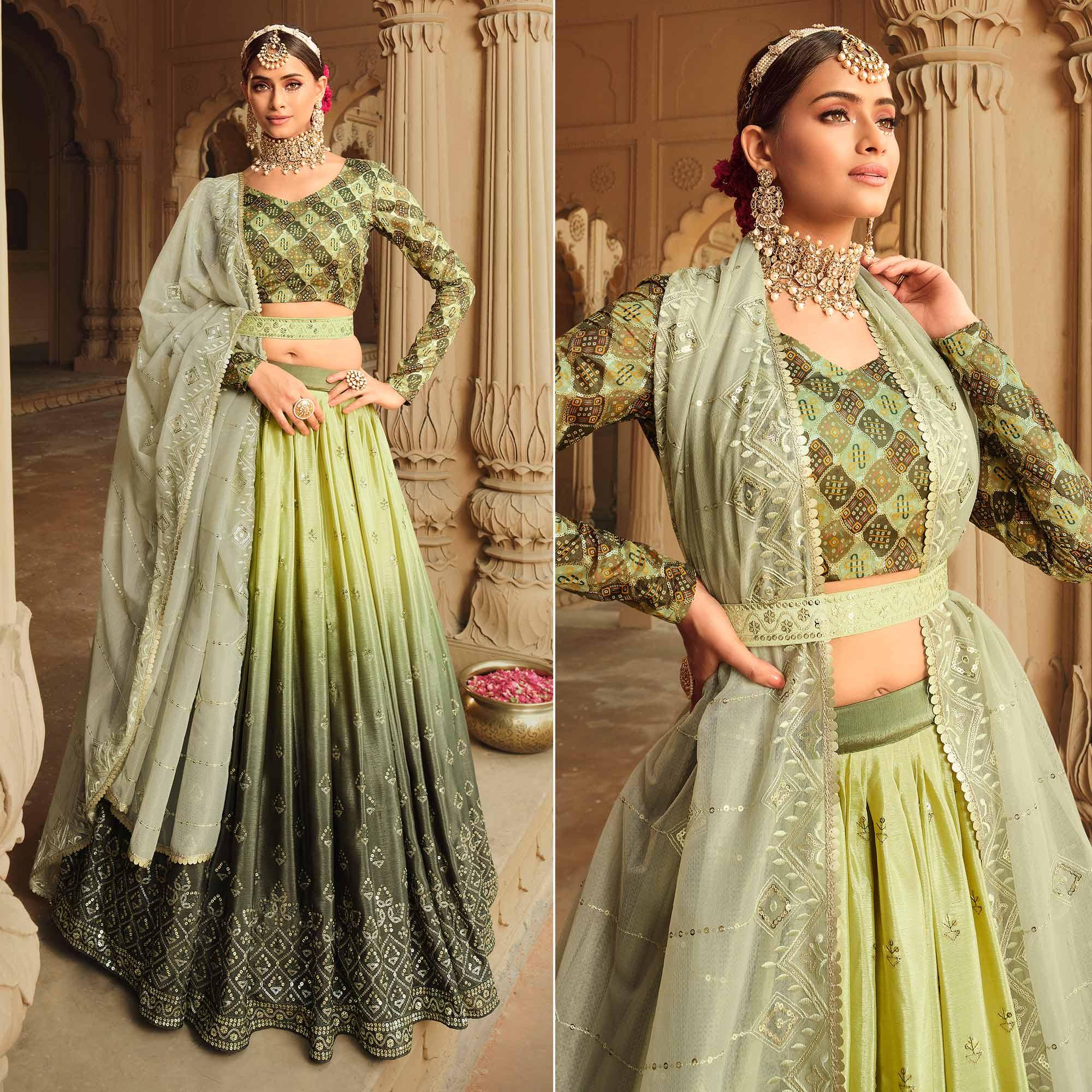 Mehendi Green Sequence Embroidered Art Silk Lehenga Choli - Peachmode