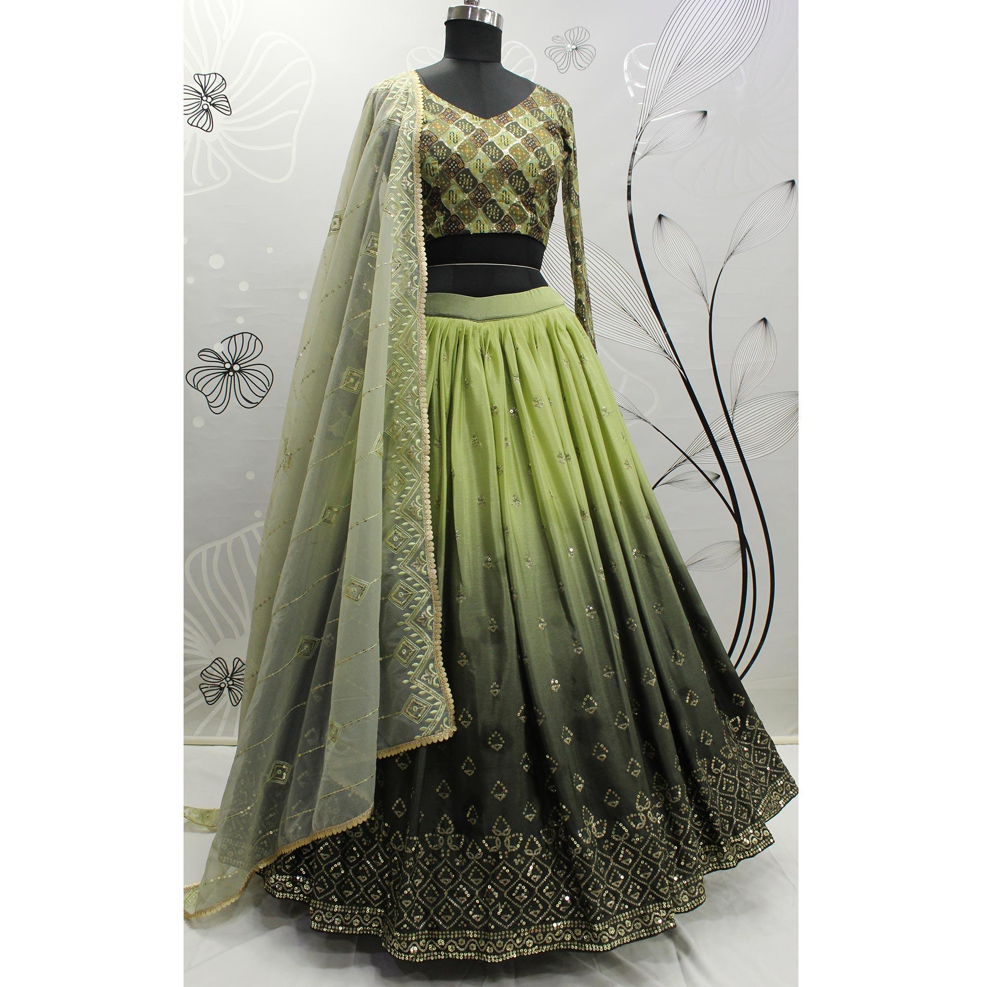 Mehendi Green Sequence Embroidered Art Silk Lehenga Choli - Peachmode