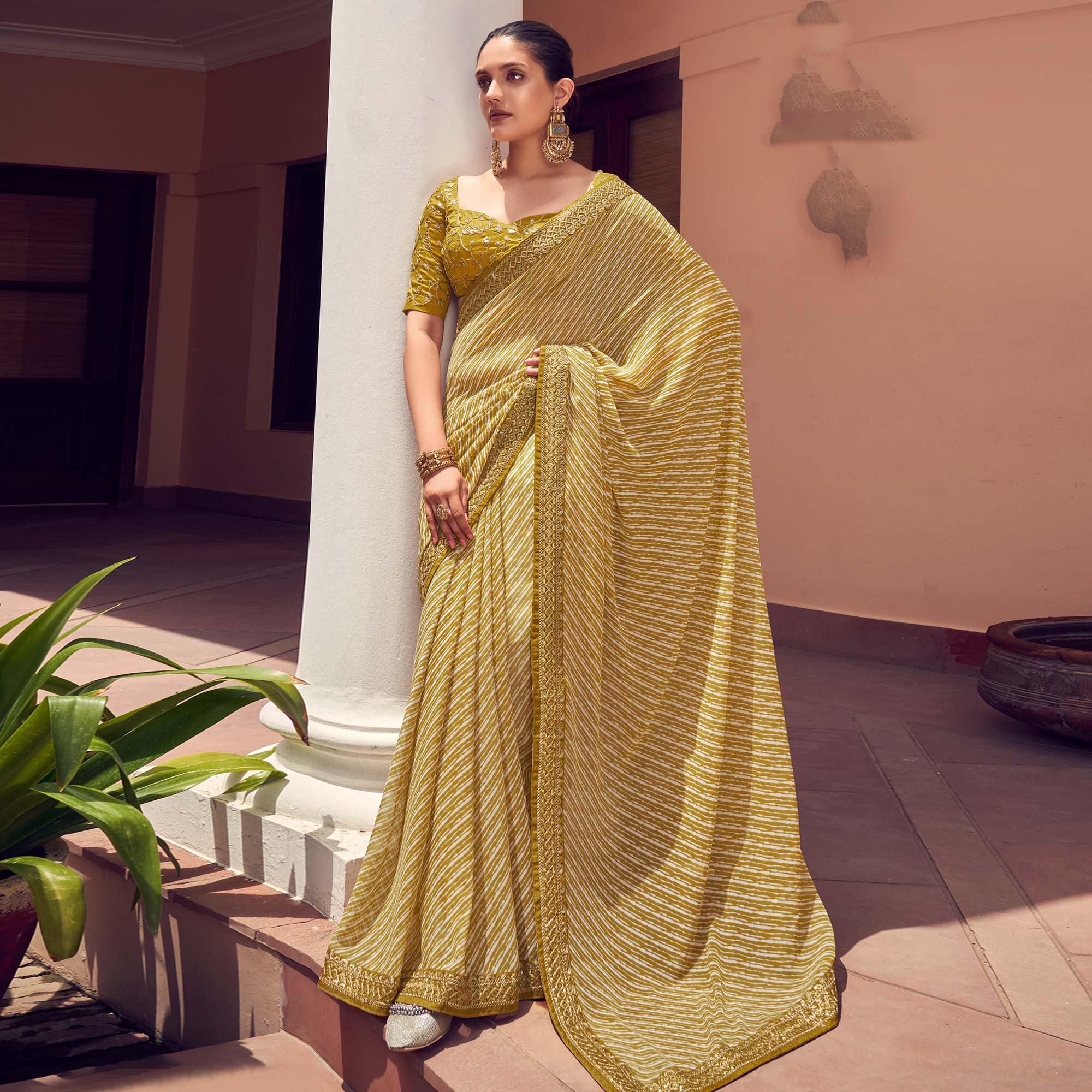 Mehendi Green Striped Printed Georgette Saree - Peachmode