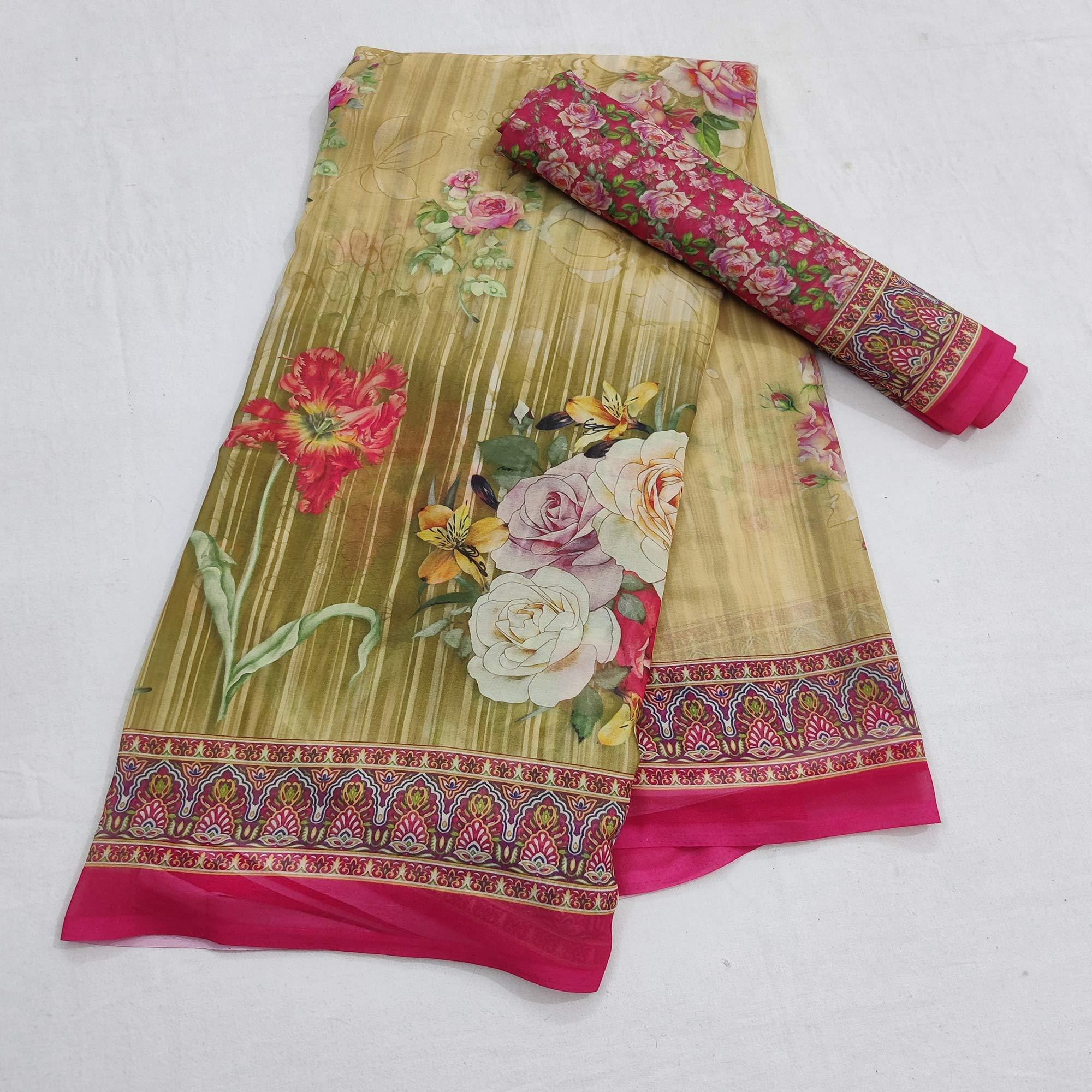 Mehndi Green Casual Wear Floral Digital Printed Georgette Saree - Peachmode