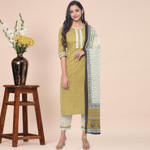 Mehndi Green Casual Wear Printed With Gota Patti Cotton Kurti Pant Set With Dupatta - Peachmode