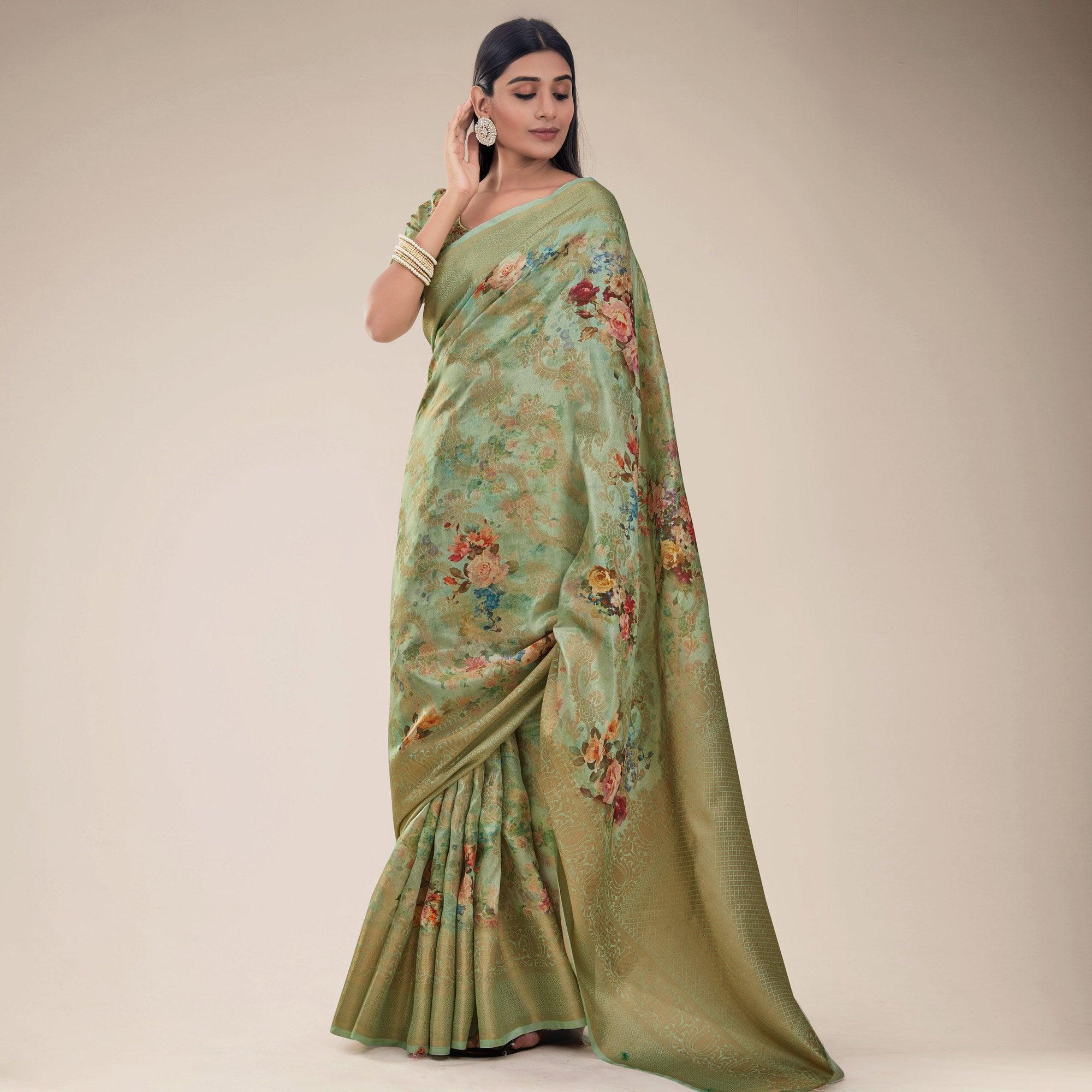 Mehndi Green Festive Wear Floral Printed Jacquard Designer Handloom Silk Saree - Peachmode