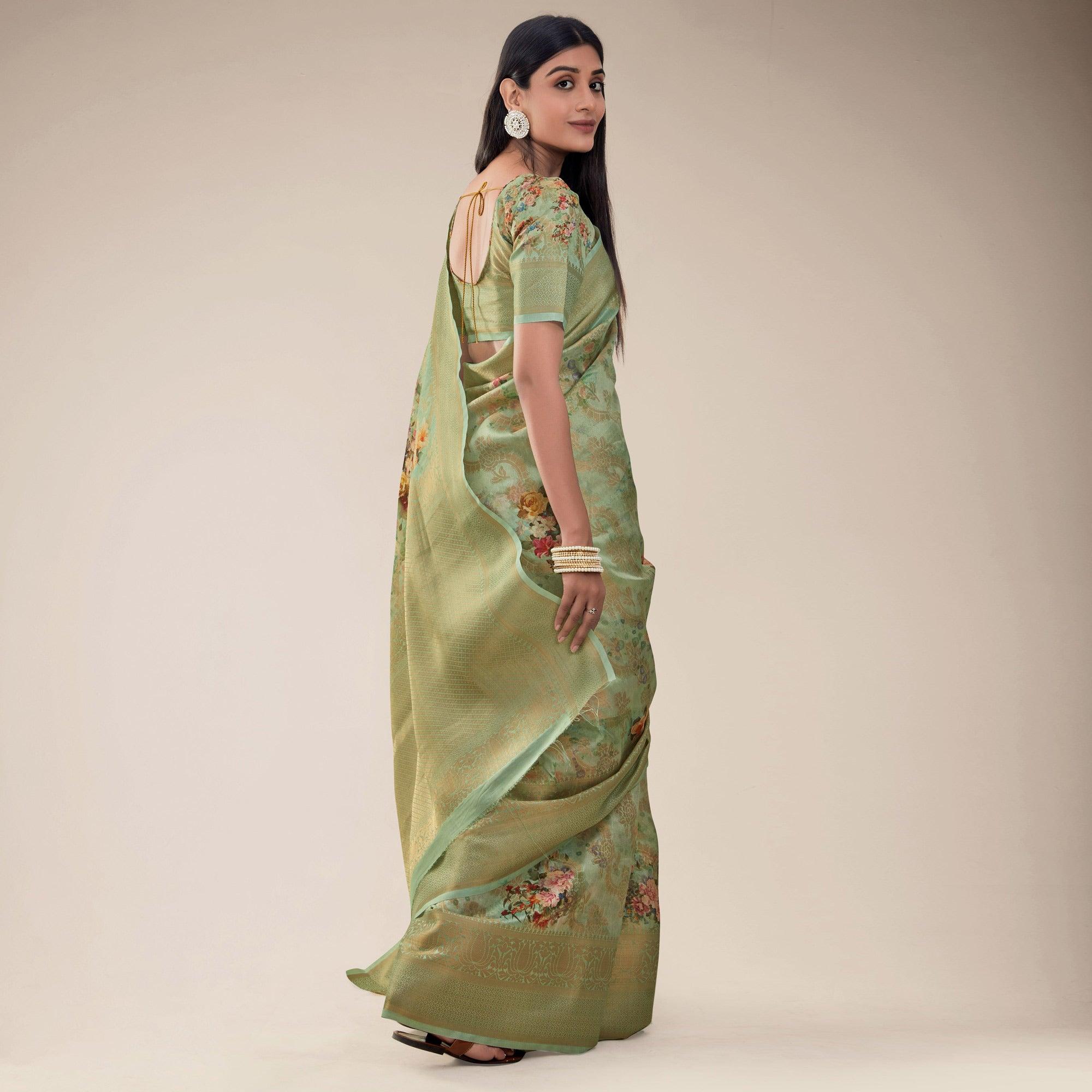 Mehndi Green Festive Wear Floral Printed Jacquard Designer Handloom Silk Saree - Peachmode