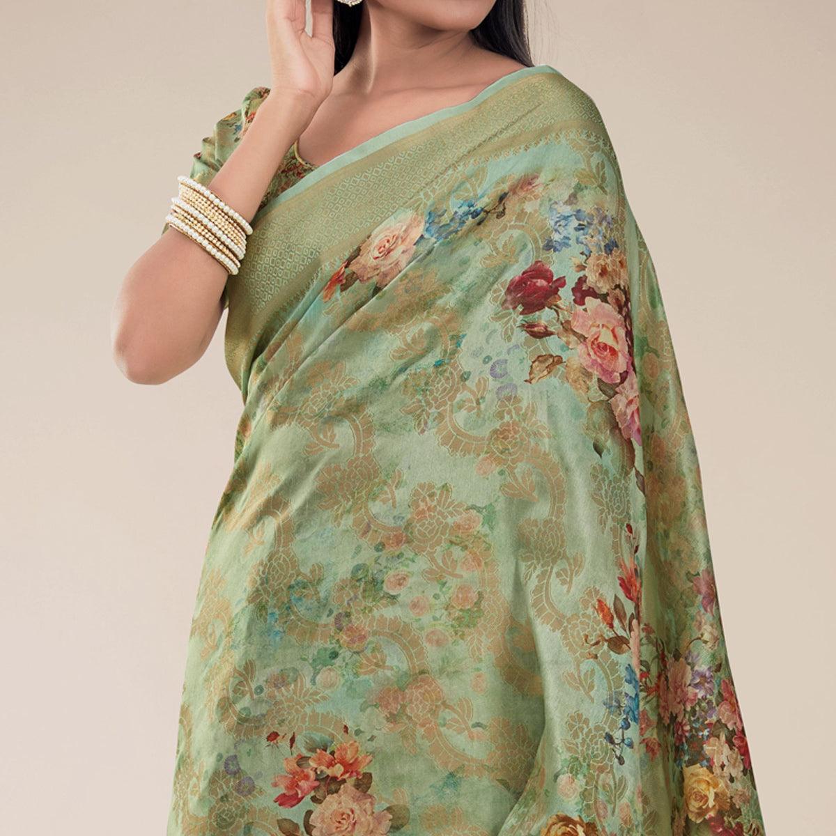 Mehndi Green Festive Wear Floral Printed Jacquard Designer Handloom Silk Saree - Peachmode