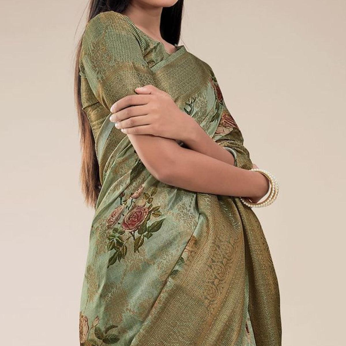 Mehndi Green Festive Wear Floral Printed Jacquard Designer Handloom Silk Saree - Peachmode
