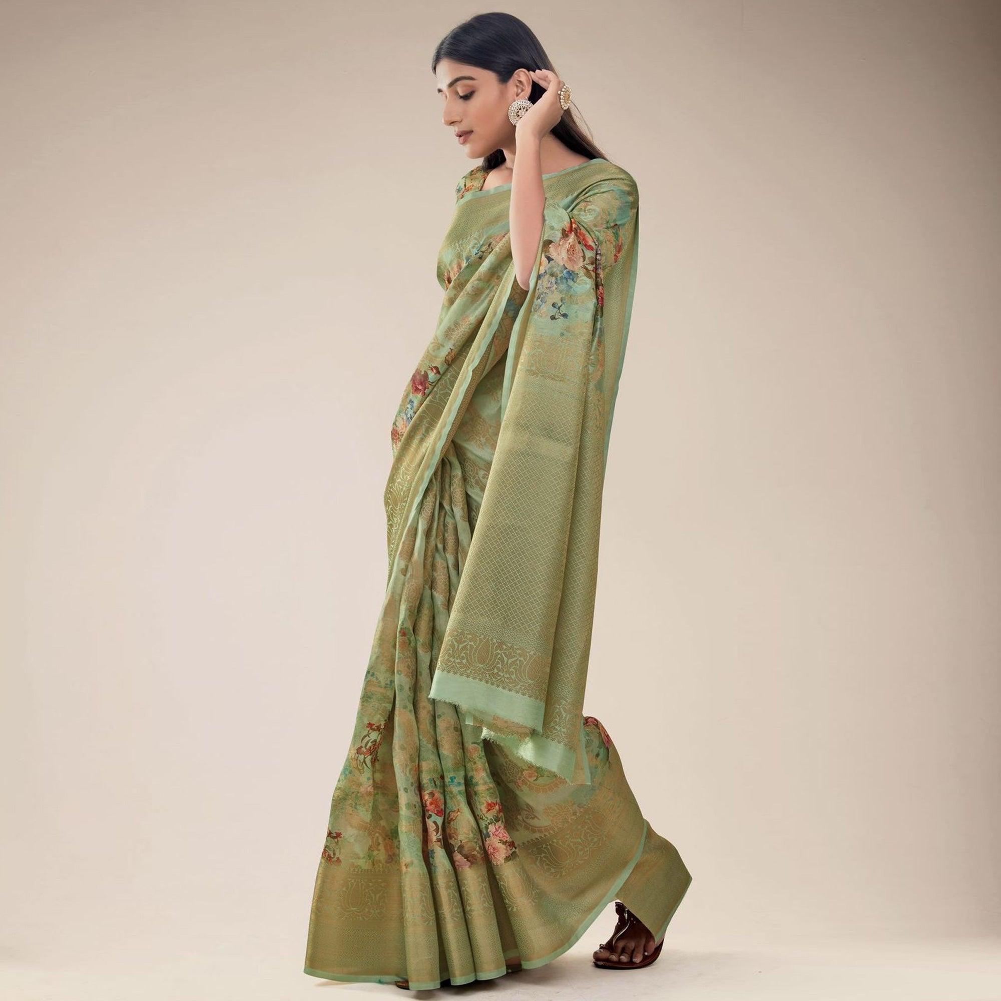 Mehndi Green Festive Wear Floral Printed Jacquard Designer Handloom Silk Saree - Peachmode