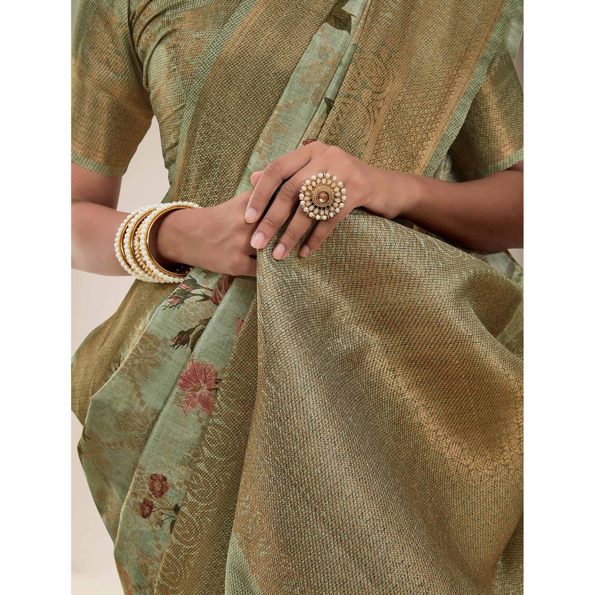 Mehndi Green Festive Wear Floral Printed Jacquard Designer Handloom Silk Saree - Peachmode