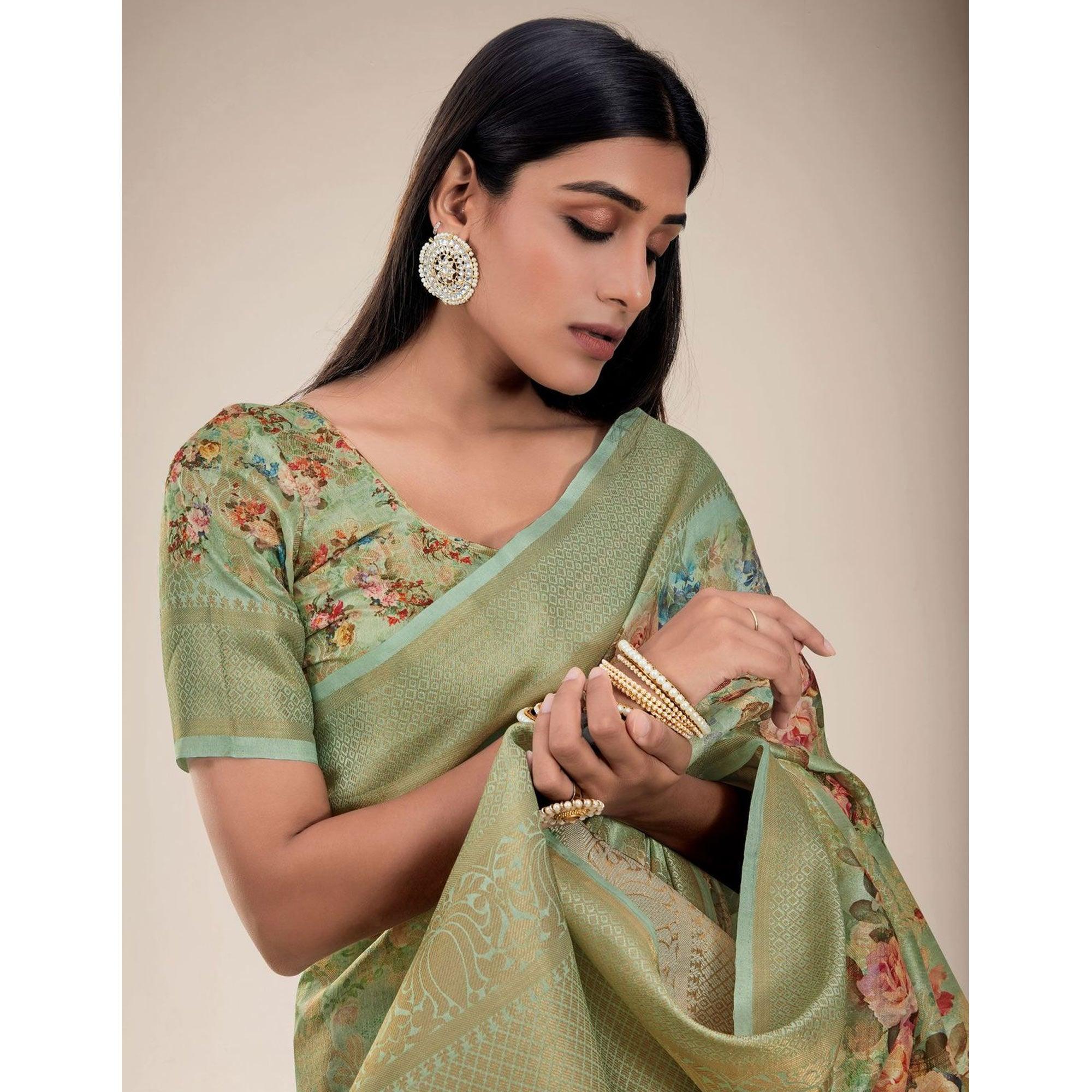 Mehndi Green Festive Wear Floral Printed Jacquard Designer Handloom Silk Saree - Peachmode
