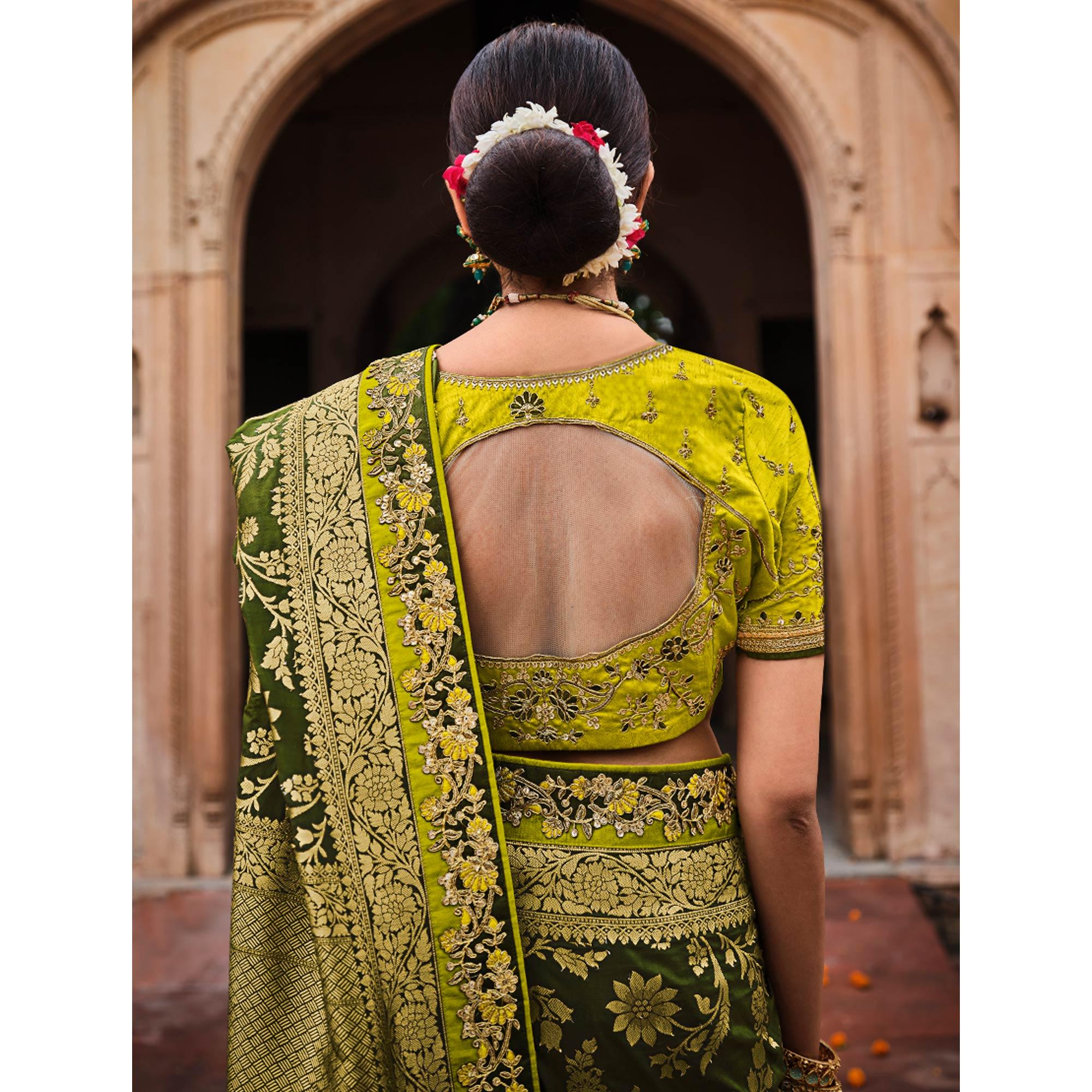 Mehndi Green Festive Wear Woven With Zari & Diamond Work Banarasi Silk Saree - Peachmode
