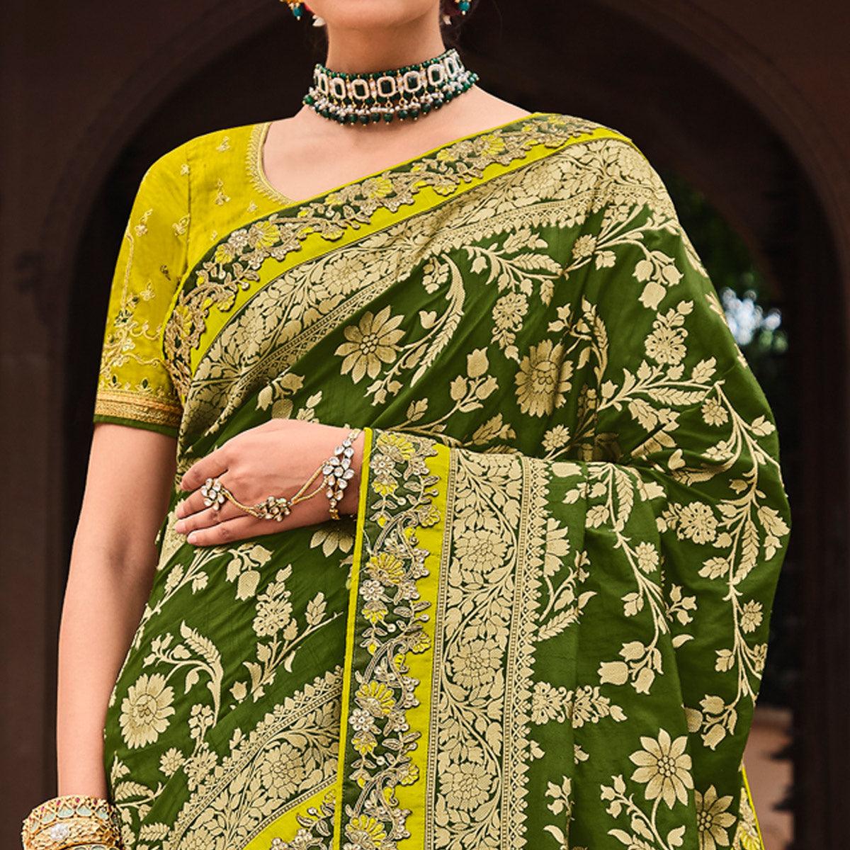 Mehndi Green Festive Wear Woven With Zari & Diamond Work Banarasi Silk Saree - Peachmode