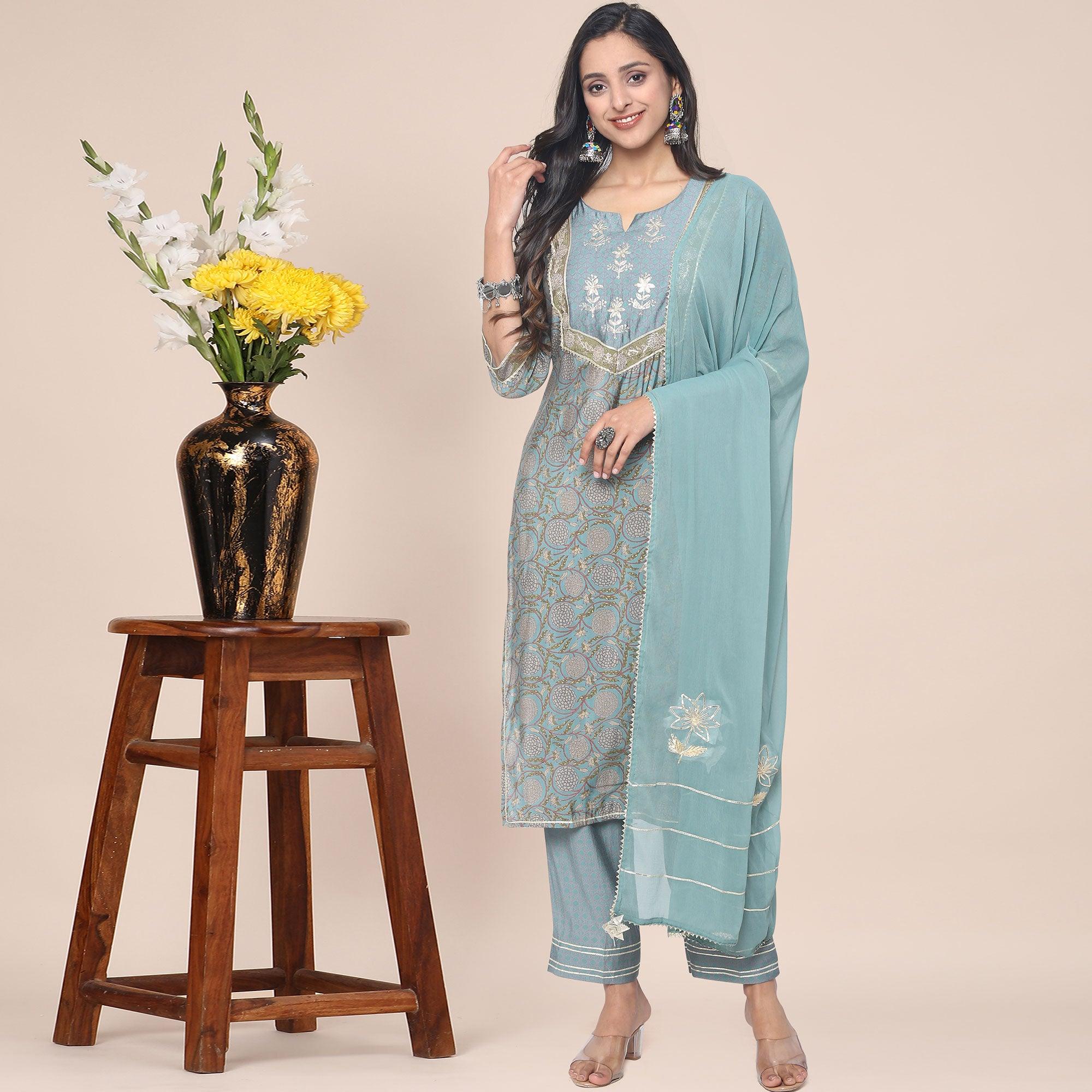 Mehndi Green Patywear Floral Embroidered Cotton Silk Kurti Pant Set With Dupatta - Peachmode