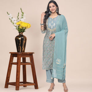Mehndi Green Patywear Floral Embroidered Cotton Silk Kurti Pant Set With Dupatta - Peachmode