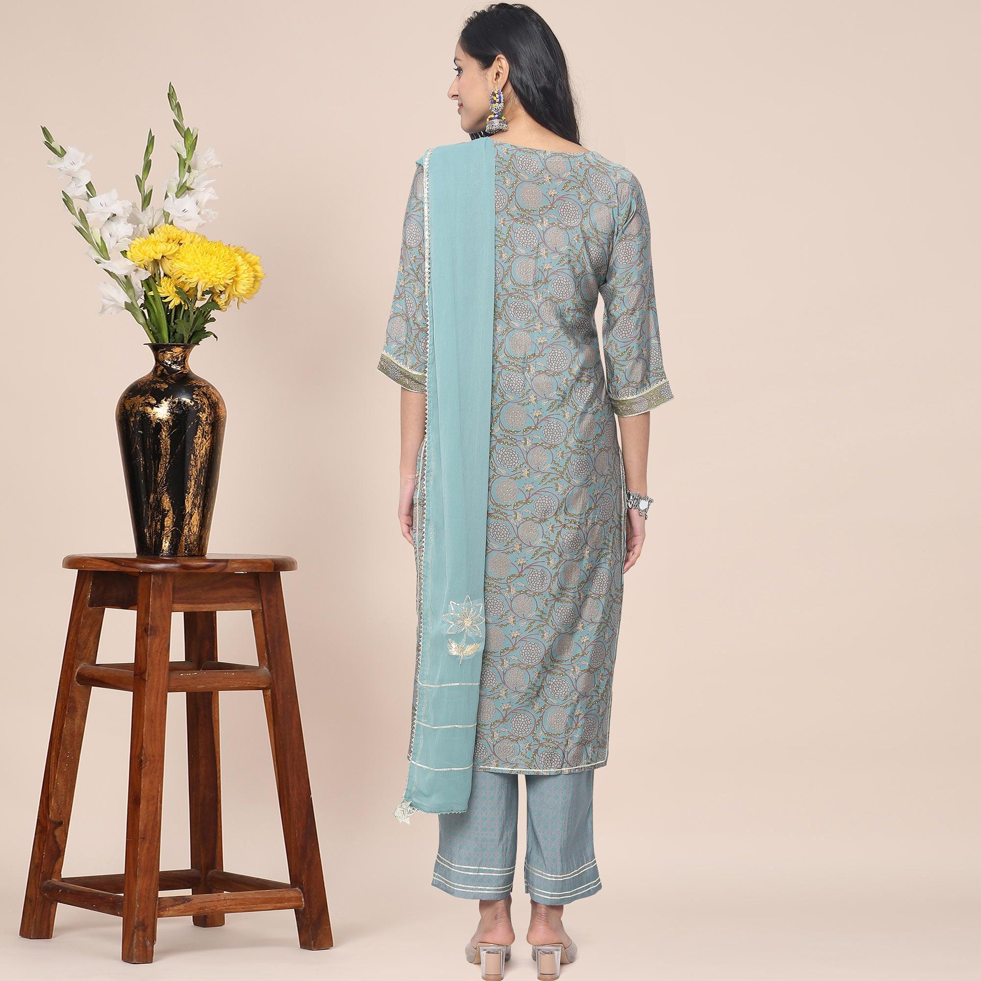 Mehndi Green Patywear Floral Embroidered Cotton Silk Kurti Pant Set With Dupatta - Peachmode