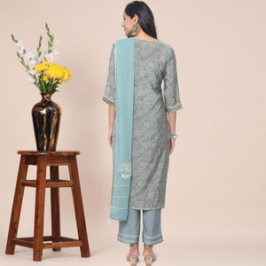 Mehndi Green Patywear Floral Embroidered Cotton Silk Kurti Pant Set With Dupatta - Peachmode