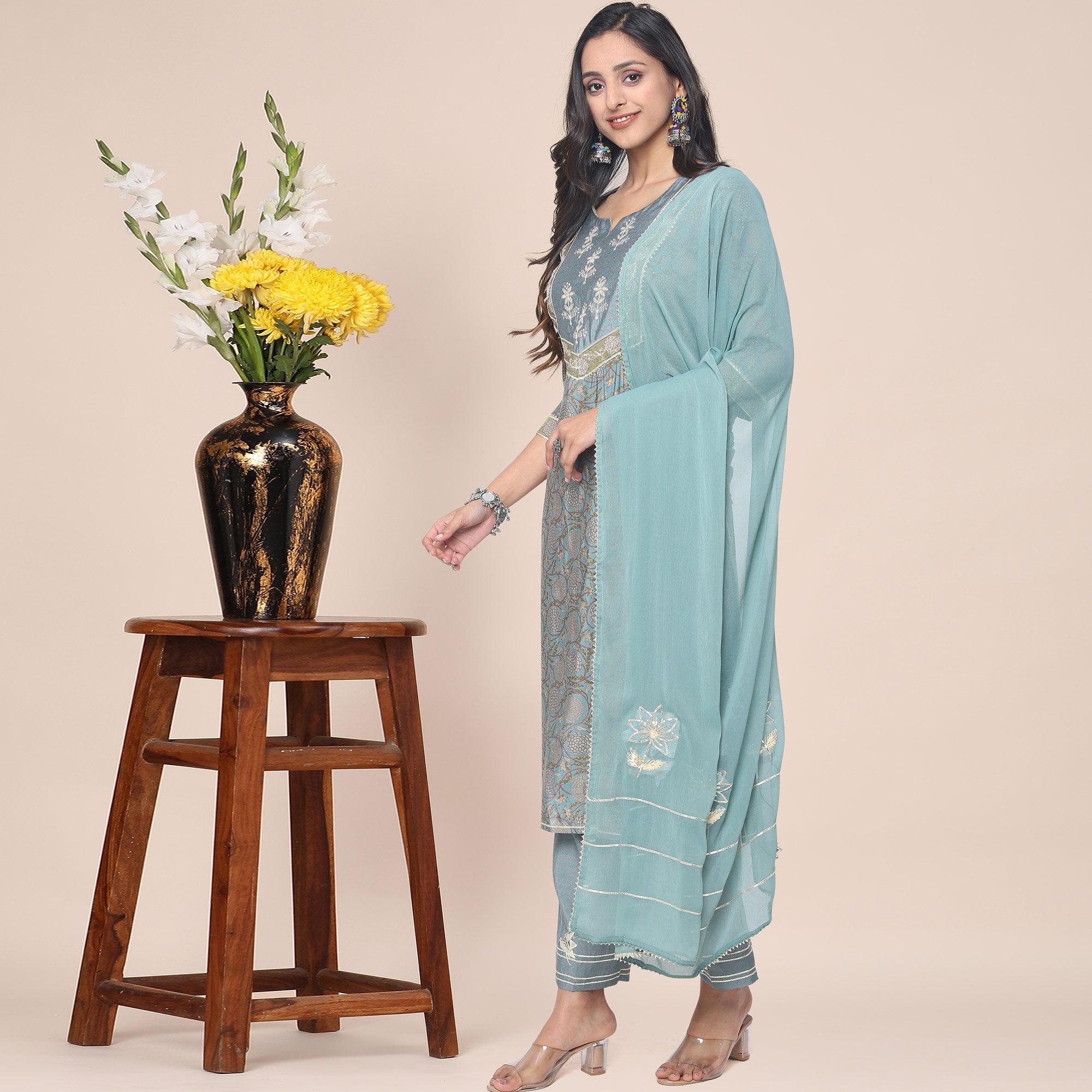 Mehndi Green Patywear Floral Embroidered Cotton Silk Kurti Pant Set With Dupatta - Peachmode